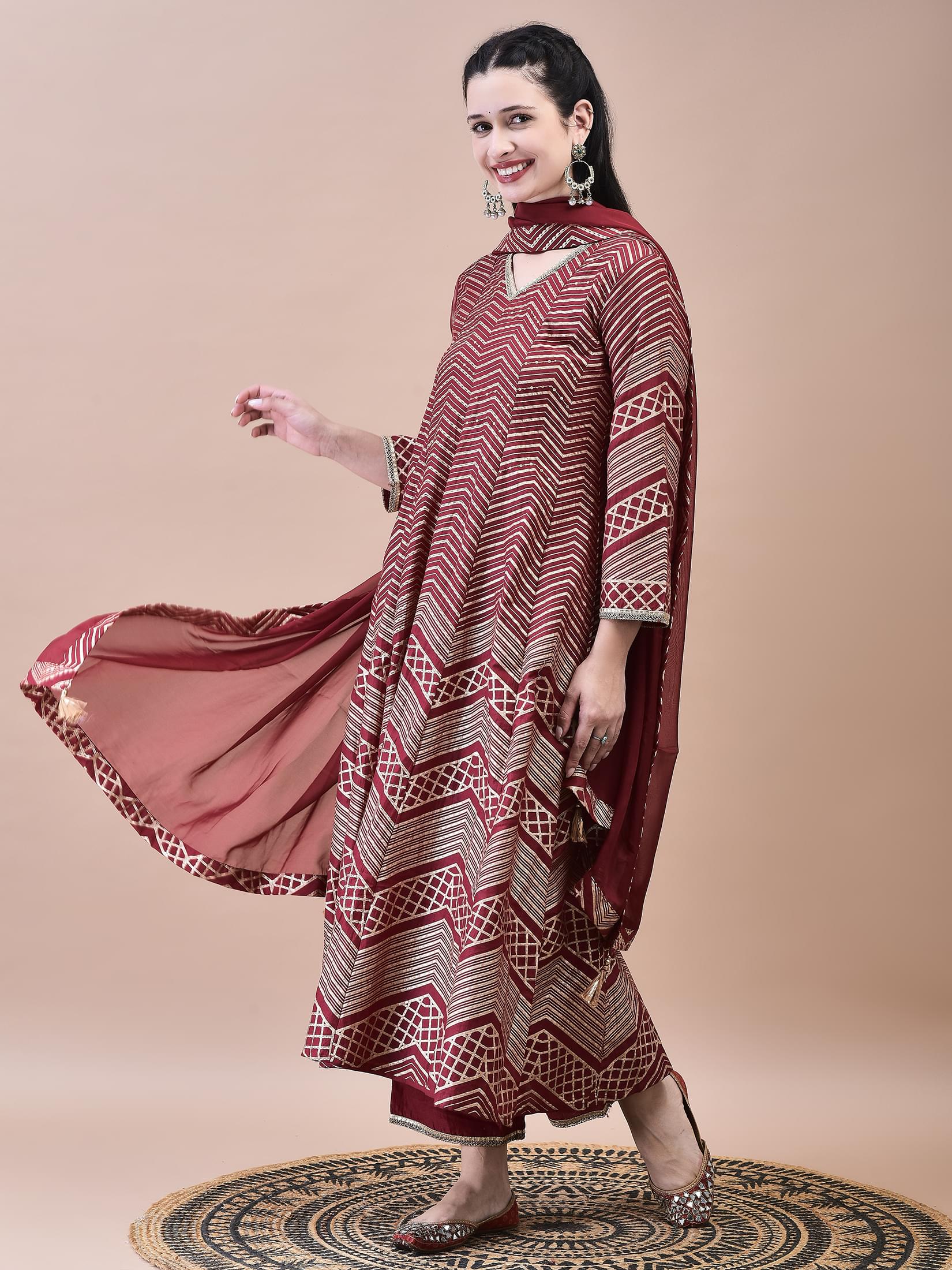 Women Samaira Maroon Geometric Print Kurta Comfort Pant Dupatta.