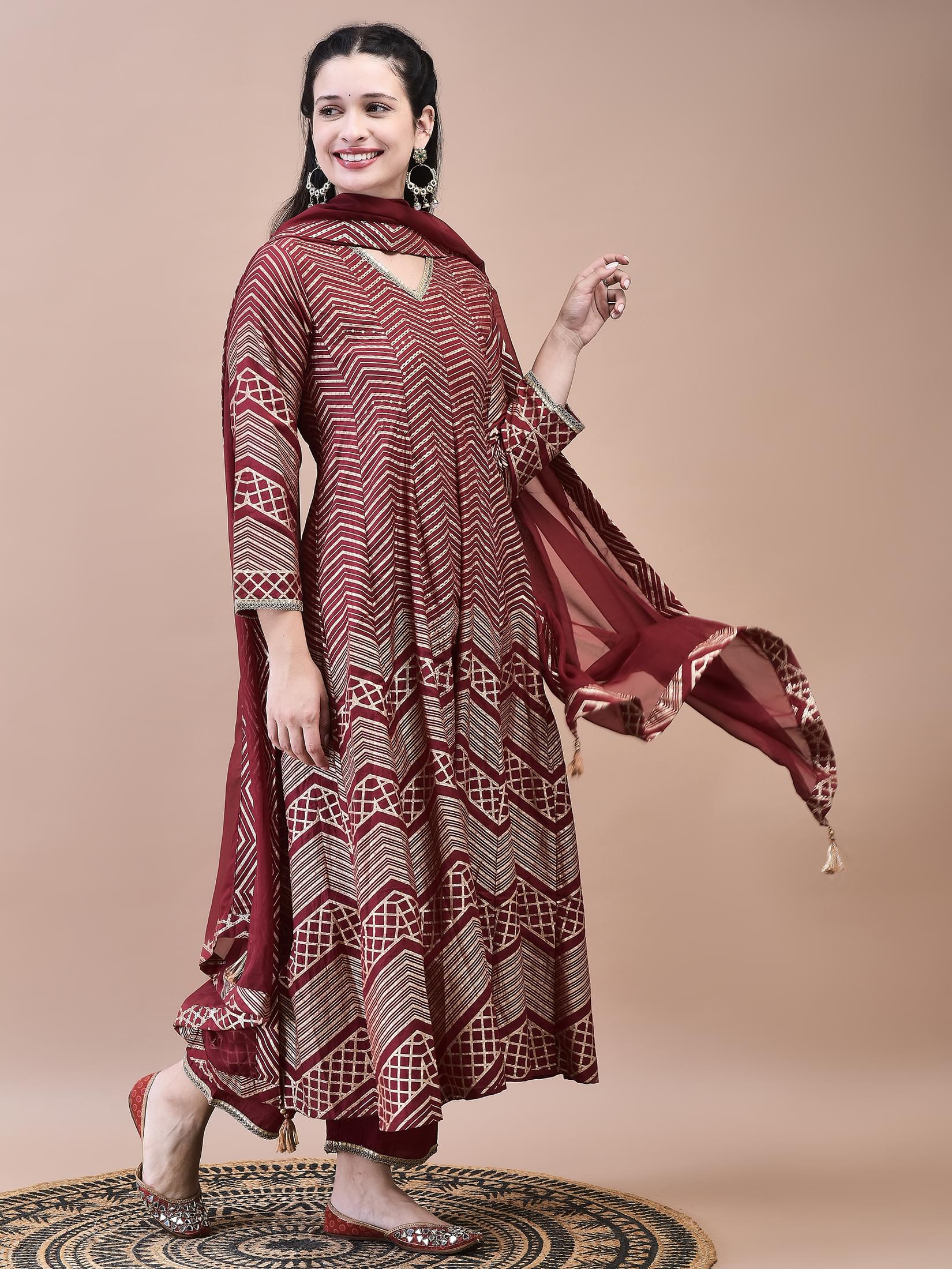 Women Samaira Maroon Geometric Print Kurta Comfort Pant Dupatta.