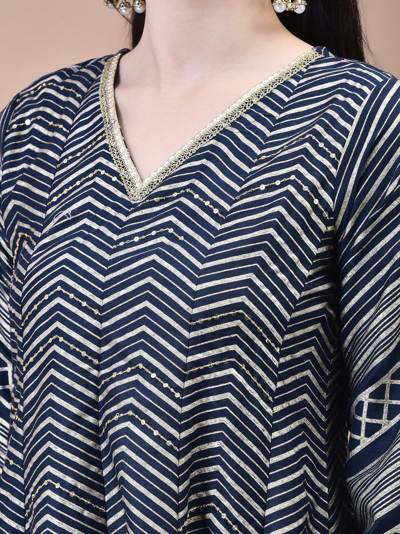 Women Samaira Navy Blue Geometric Print Kurta Comfort Pant Dupatta.