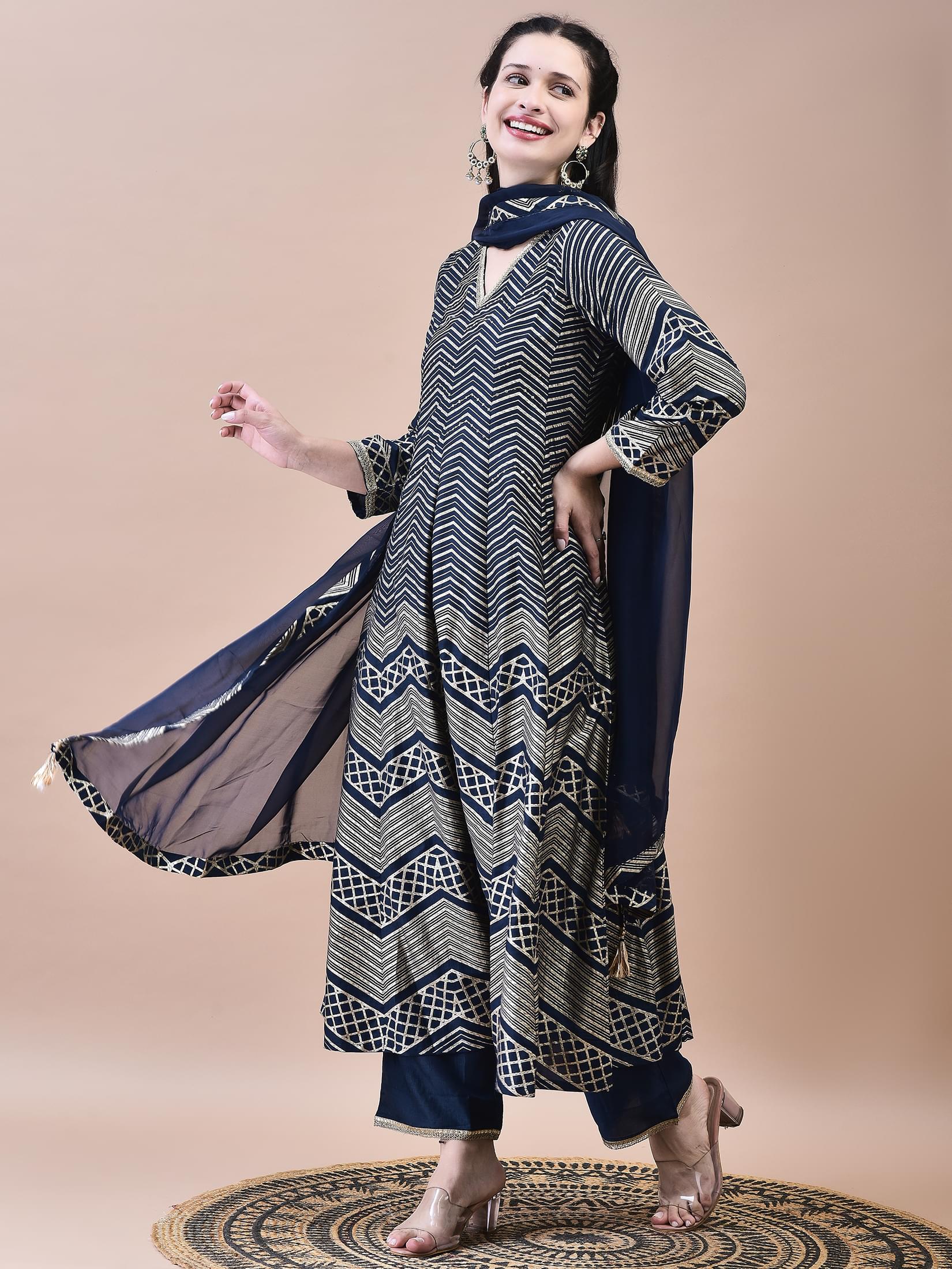 Women Samaira Navy Blue Geometric Print Kurta Comfort Pant Dupatta.