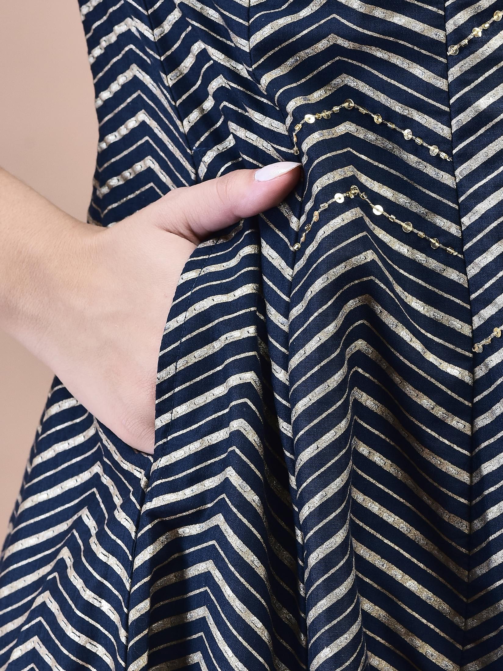 Women Samaira Navy Blue Geometric Print Kurta Comfort Pant Dupatta.
