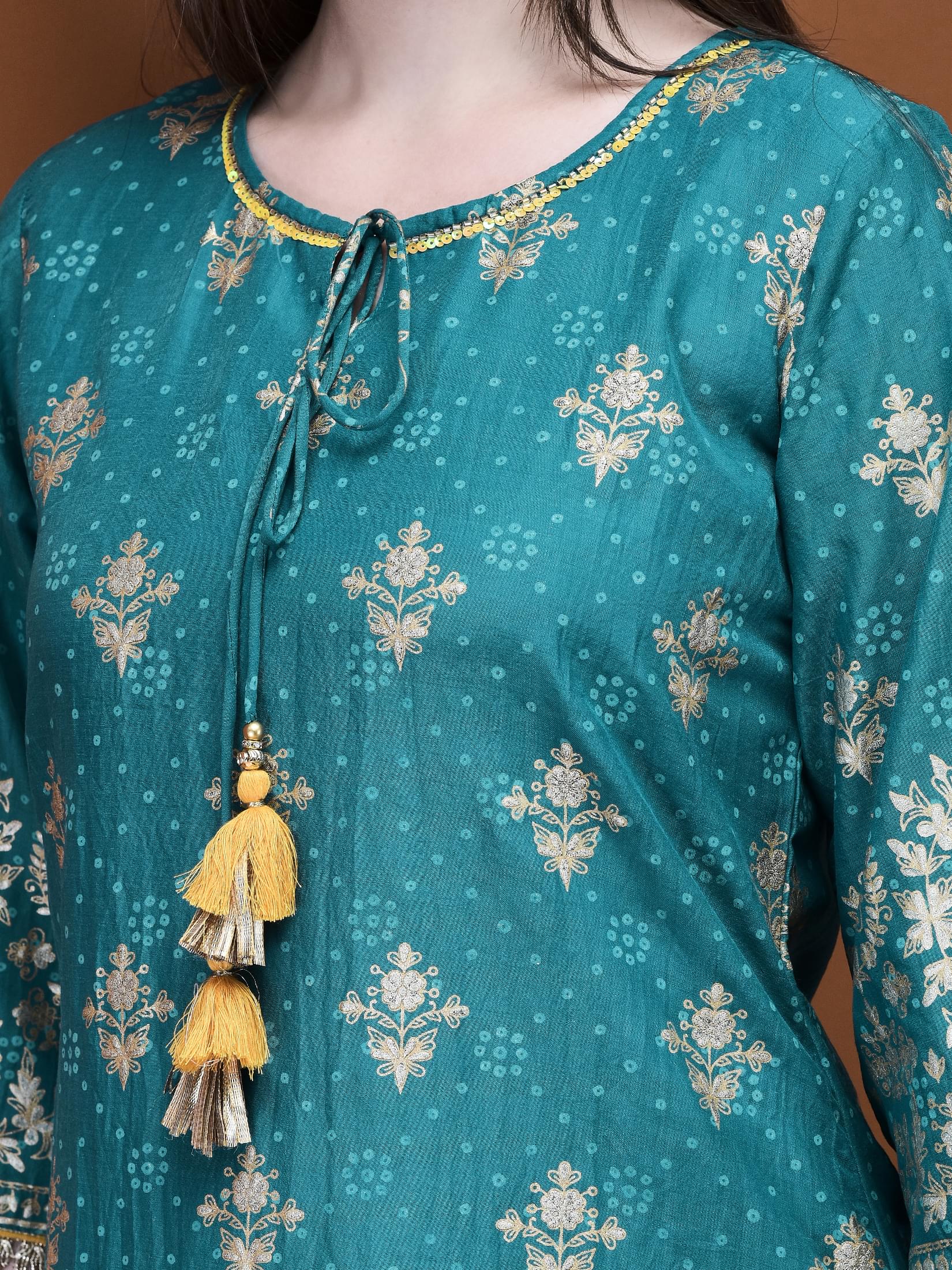 Women Liva (Viscose) Turquoise Blue Foil Print Kurta Sharara Dupatta.