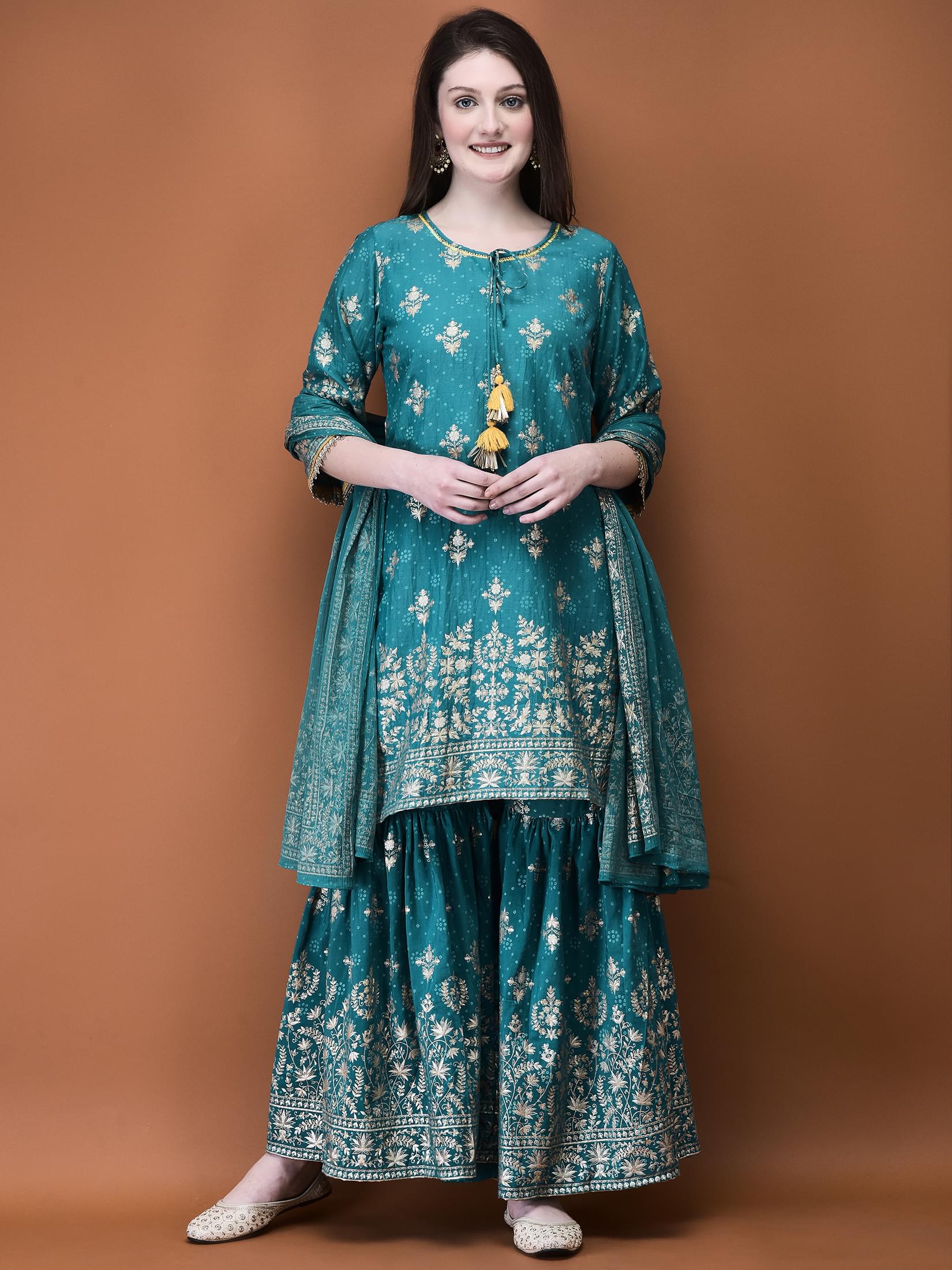 Women Liva (Viscose) Turquoise Blue Foil Print Kurta Sharara Dupatta.