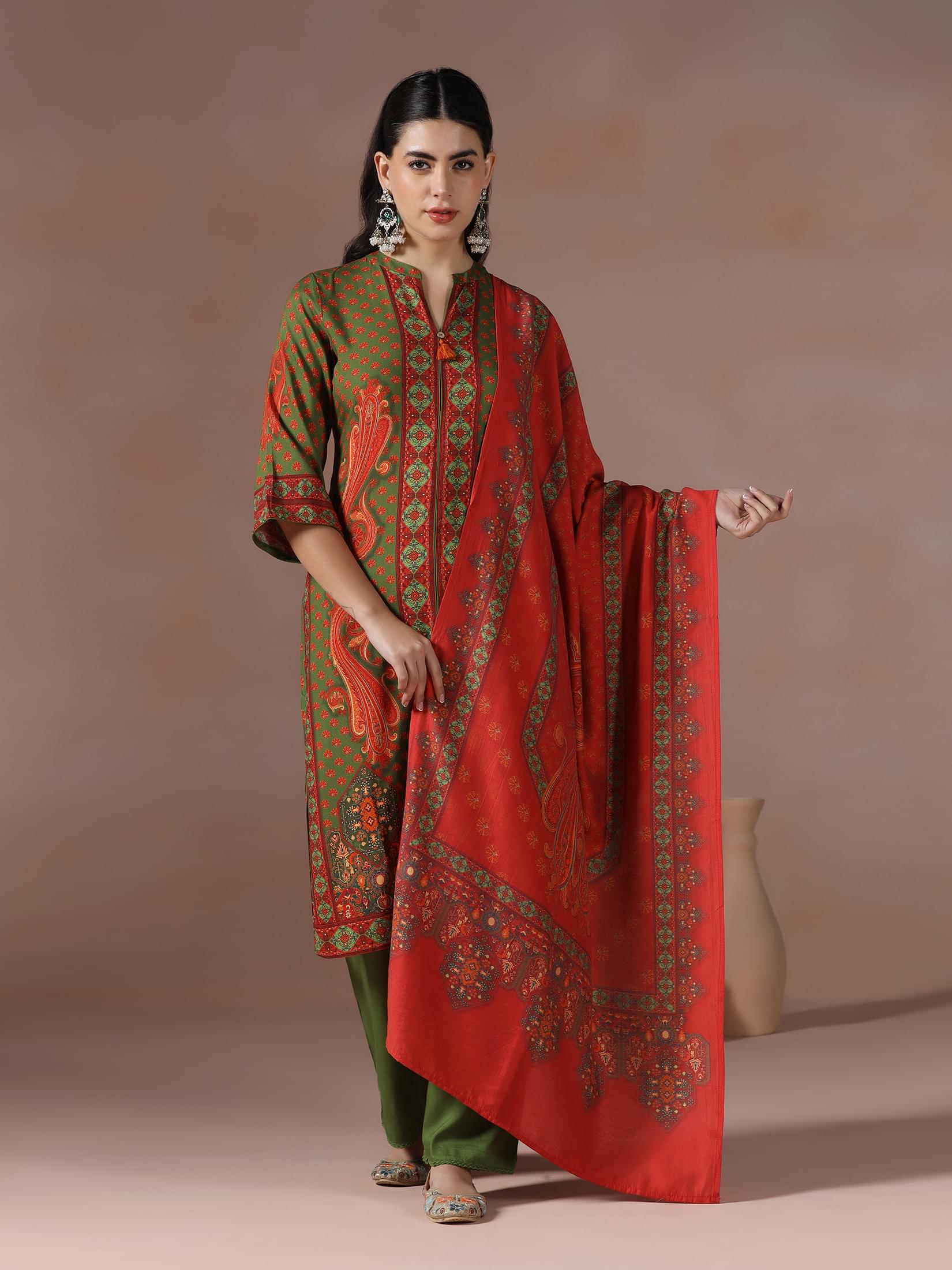 Olive green paisley print Liva fabric kurta paired with Chanderi silk dupatta