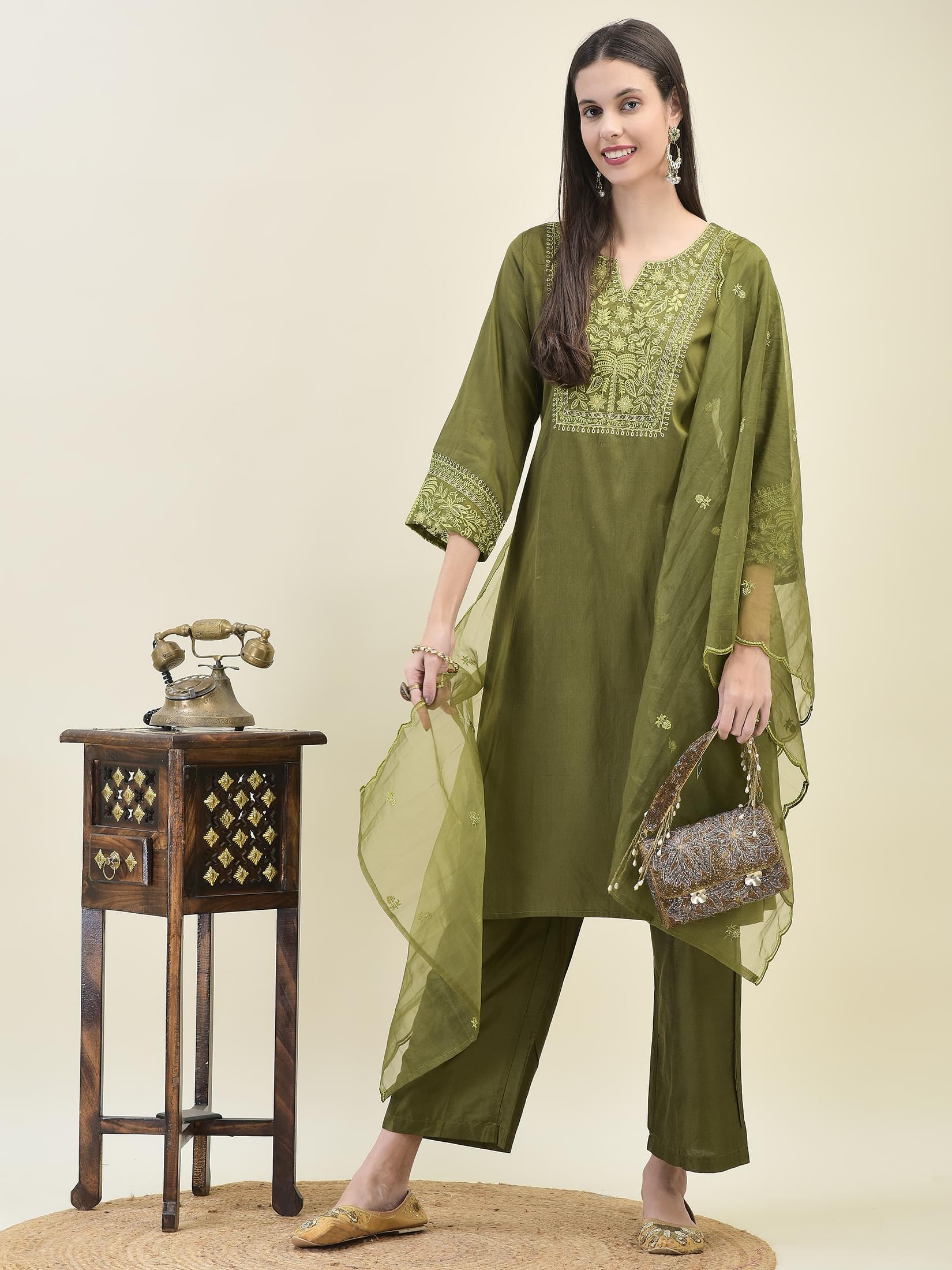 Women Poly Viscose Green Embroidered Kurta Comfort Pant Dupatta.