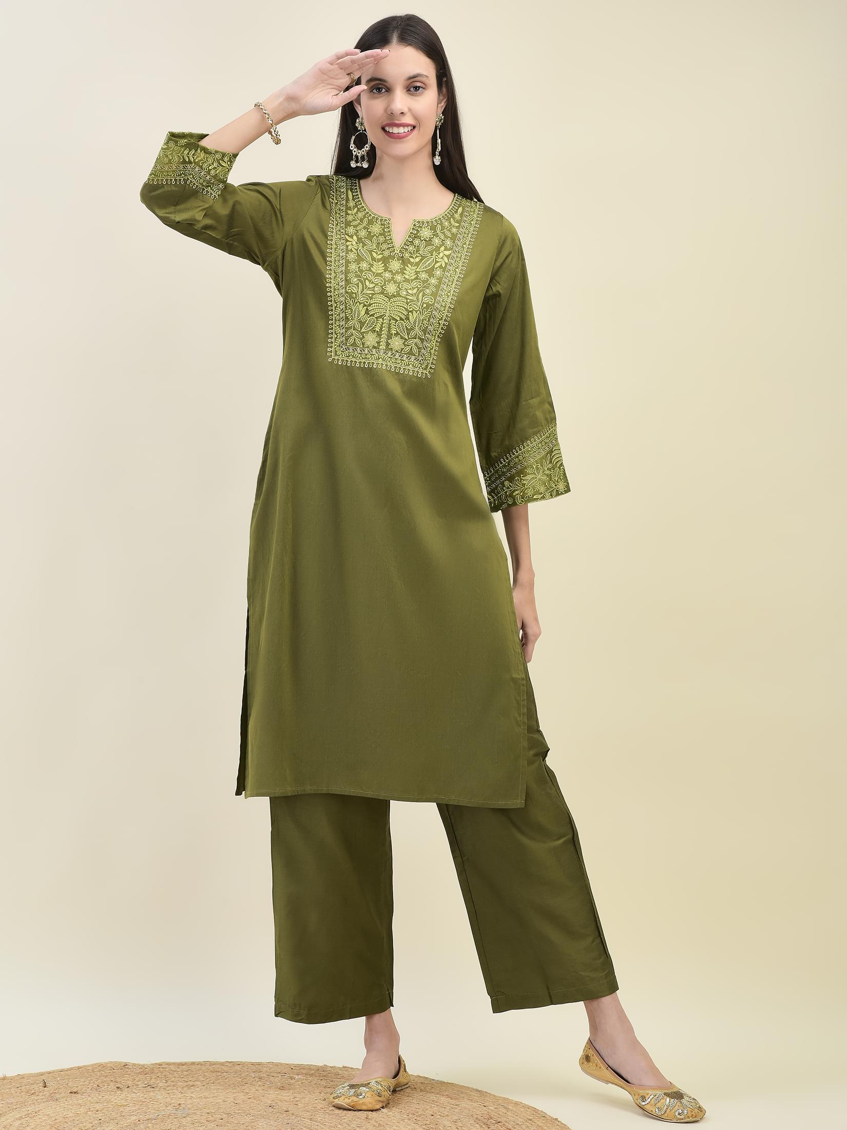 Women Poly Viscose Green Embroidered Kurta Comfort Pant Dupatta.
