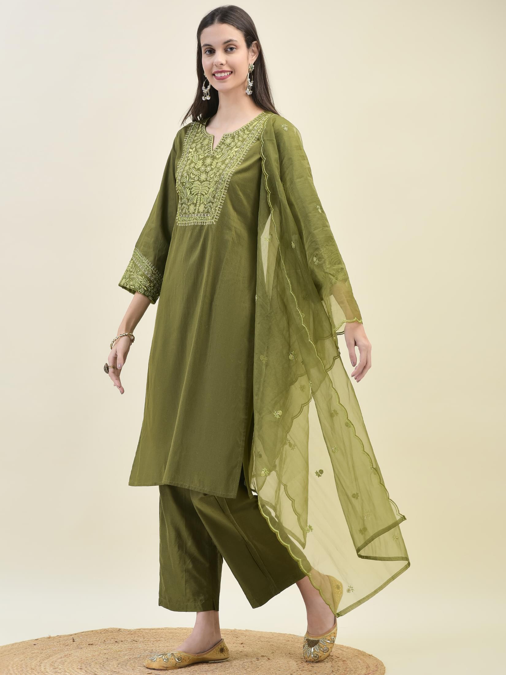 Women Poly Viscose Green Embroidered Kurta Comfort Pant Dupatta.