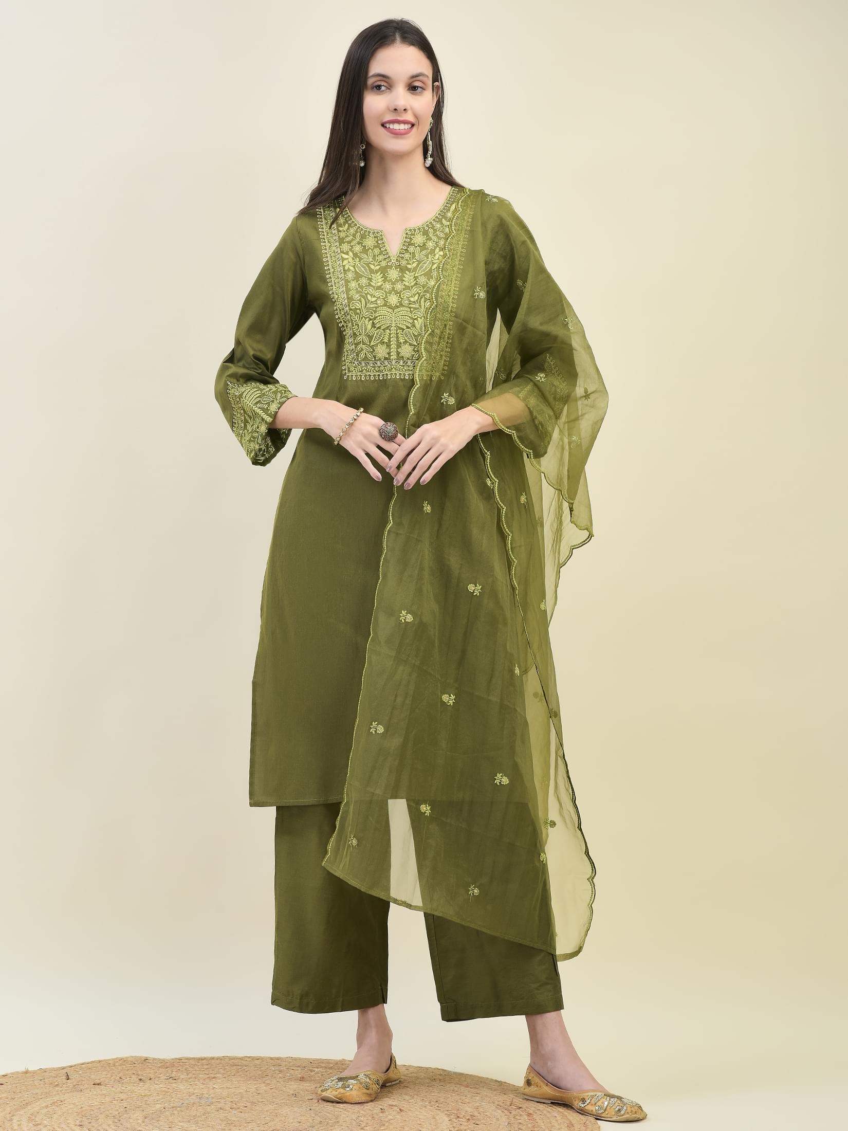 Women Poly Viscose Green Embroidered Kurta Comfort Pant Dupatta.