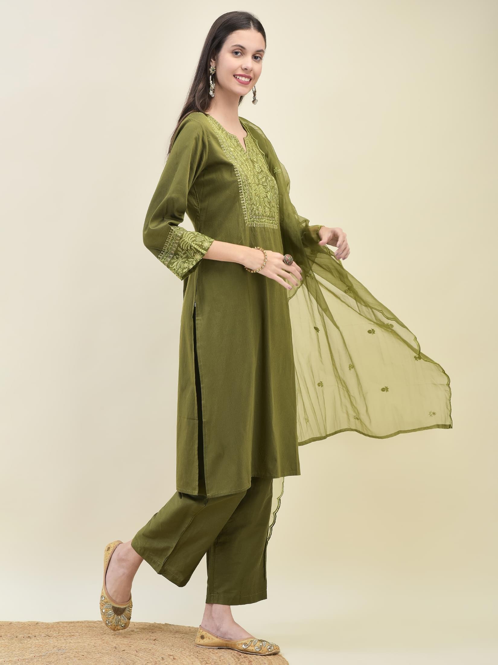 Women Poly Viscose Green Embroidered Kurta Comfort Pant Dupatta.