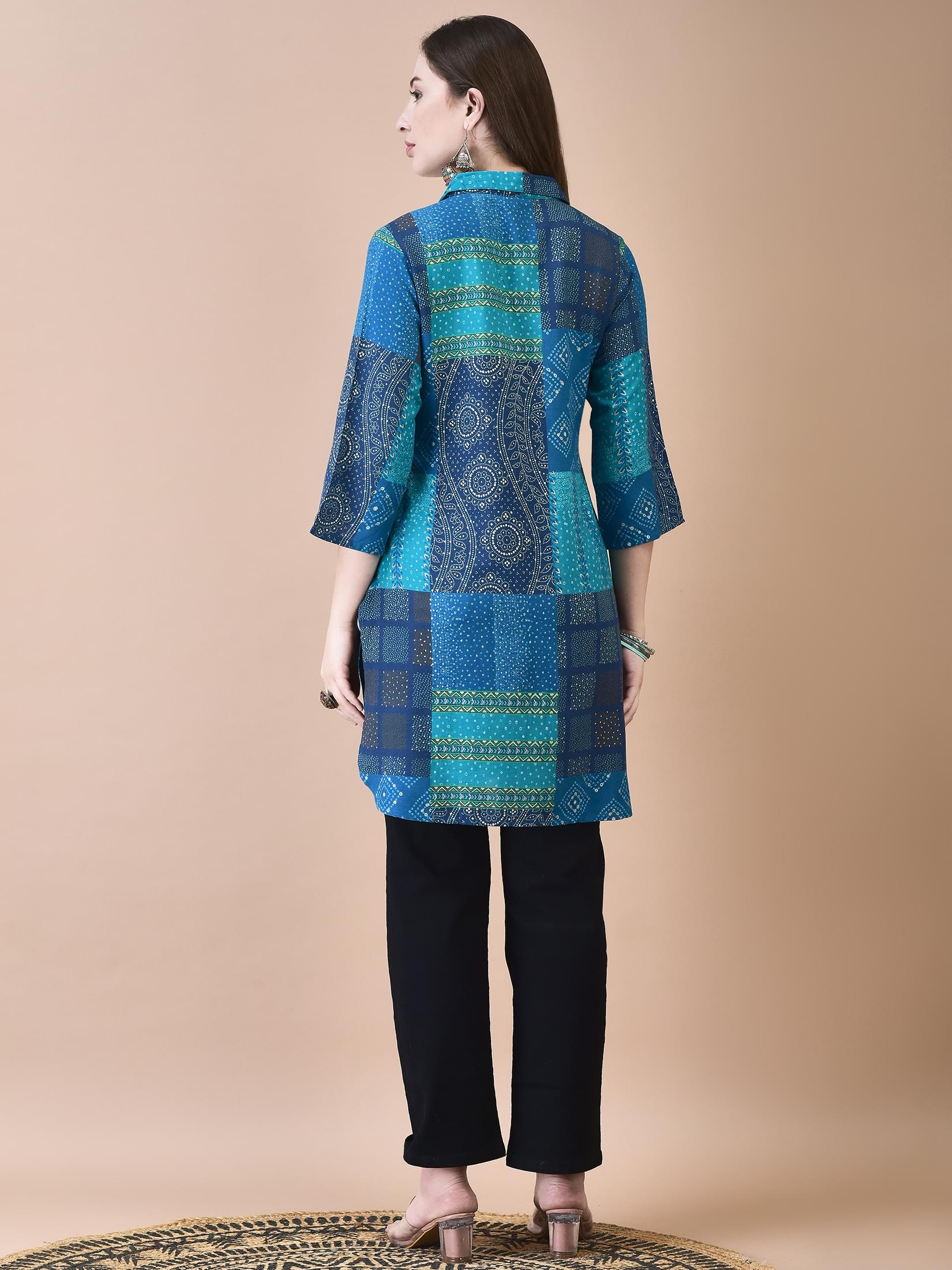 Women Liva Blue Bandhani Print Short Kurta.