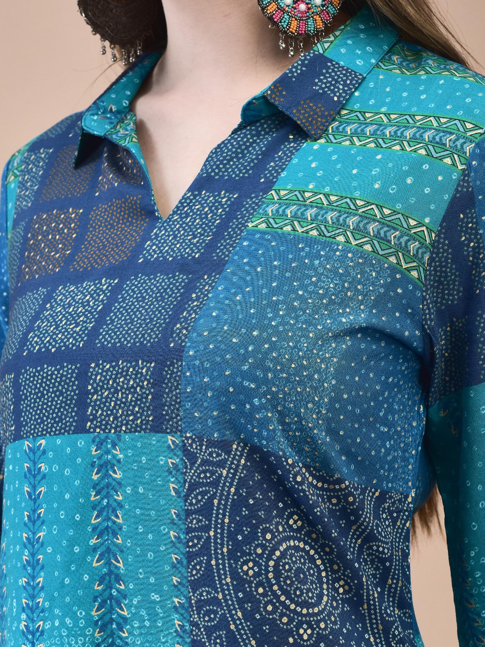 Women Liva Blue Bandhani Print Short Kurta.