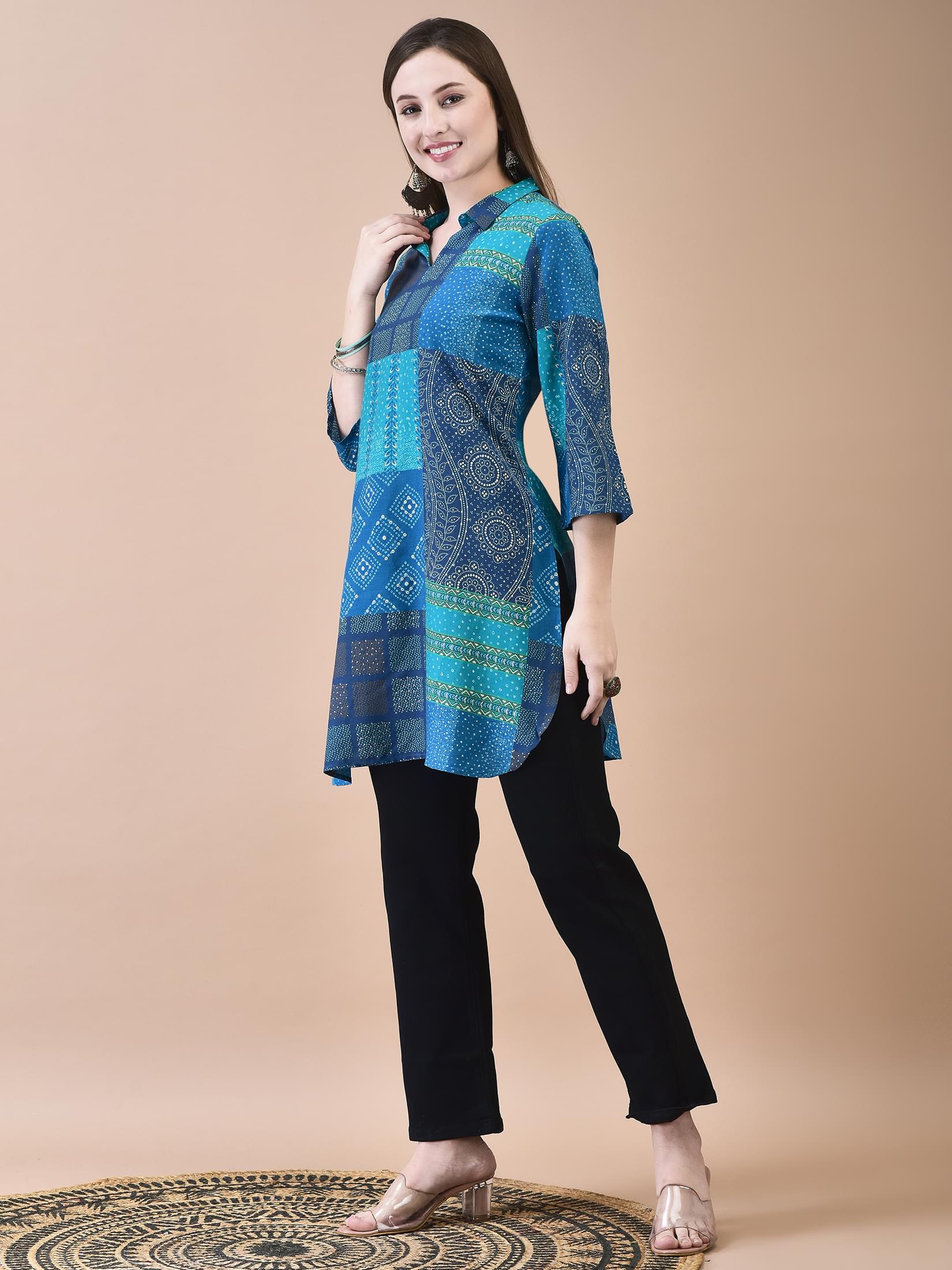 Women Liva Blue Bandhani Print Short Kurta.