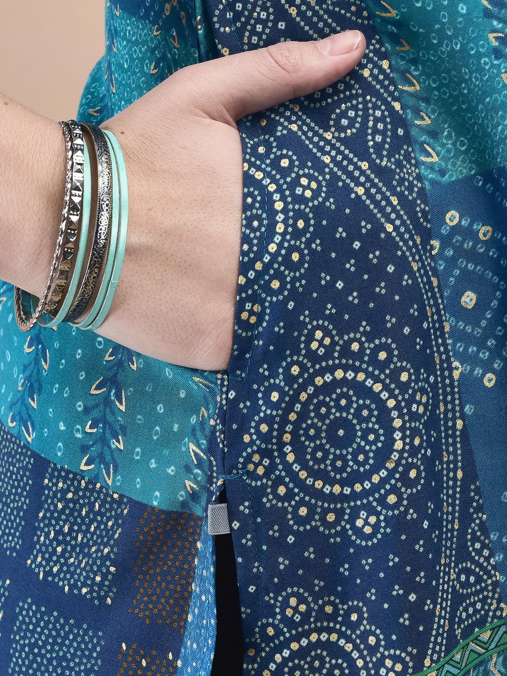 Women Liva Blue Bandhani Print Short Kurta.