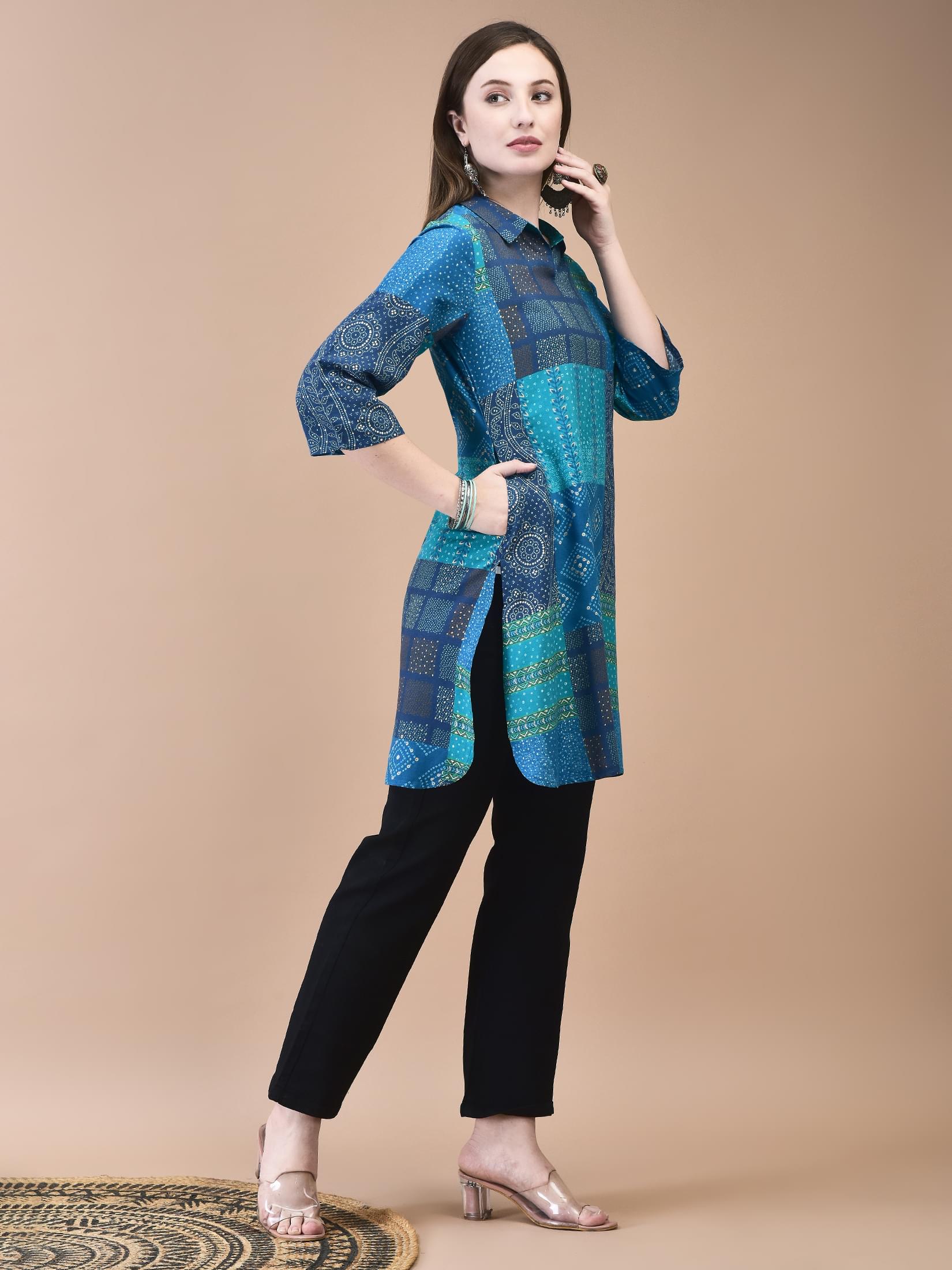 Women Liva Blue Bandhani Print Short Kurta.