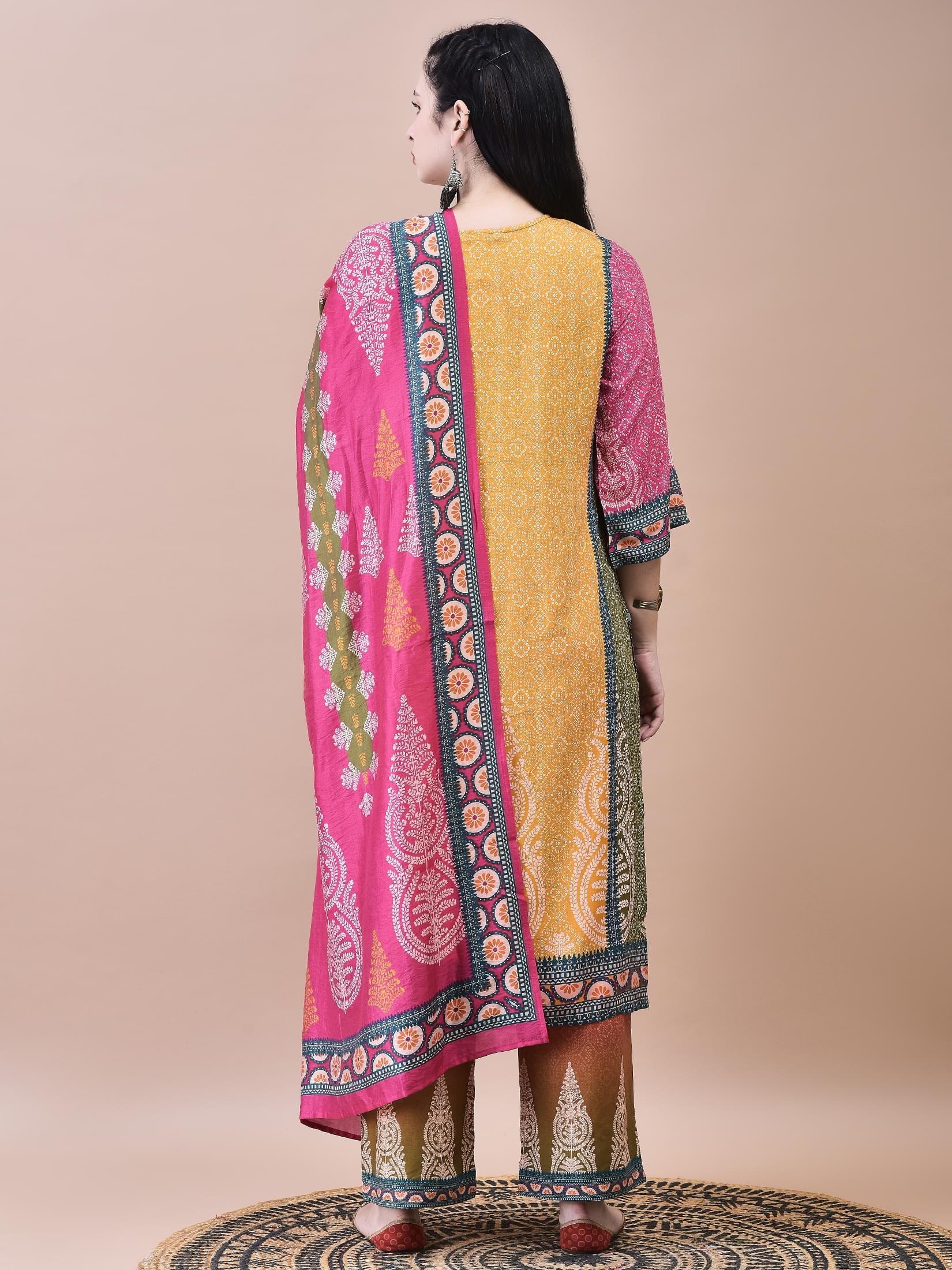 Women Liva Multicolor Ornamental Print Kurta Comfort Pant Chanderi Dupatta.