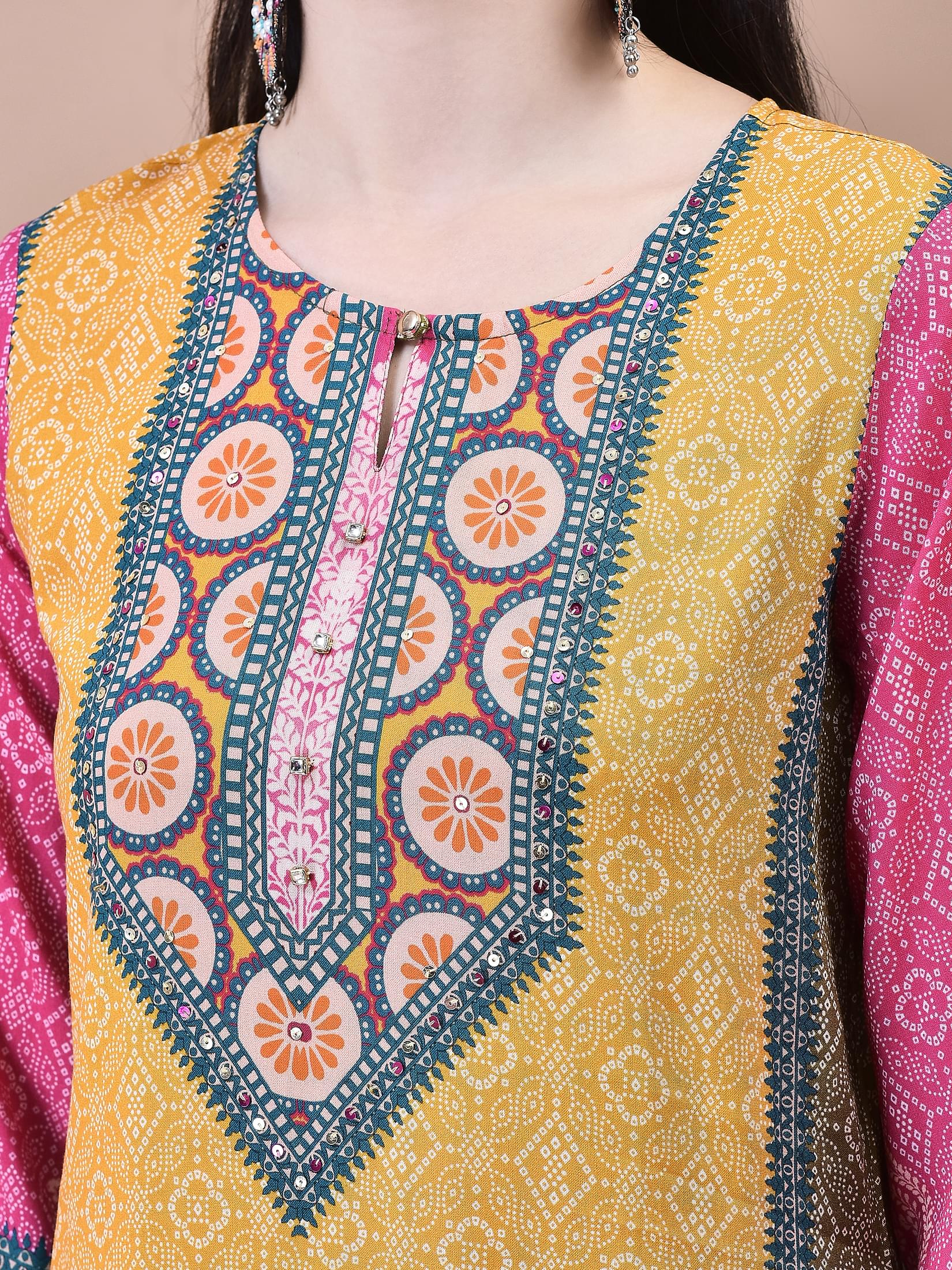 Women Liva Multicolor Ornamental Print Kurta Comfort Pant Chanderi Dupatta.