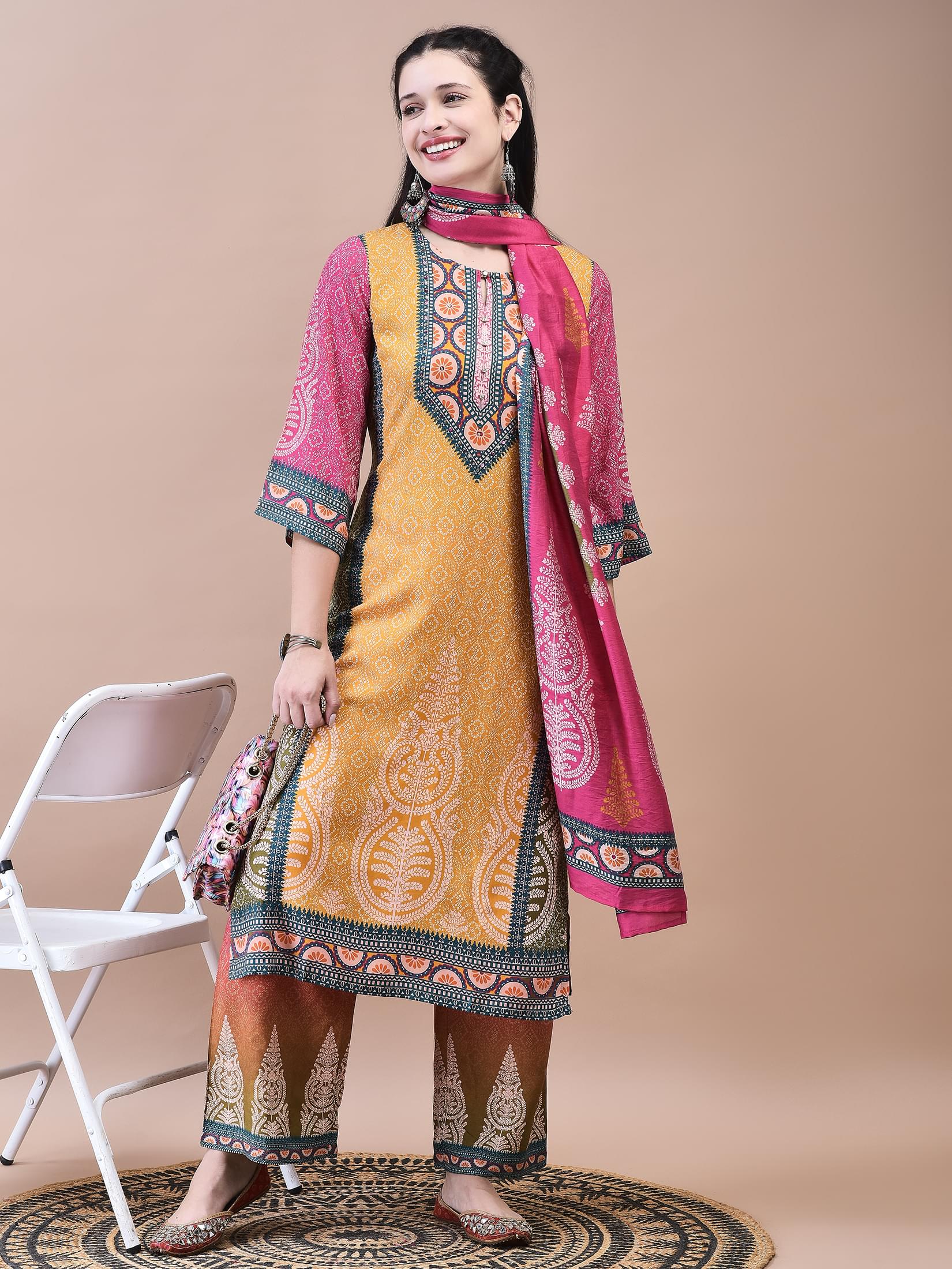Women Liva Multicolor Ornamental Print Kurta Comfort Pant Chanderi Dupatta.