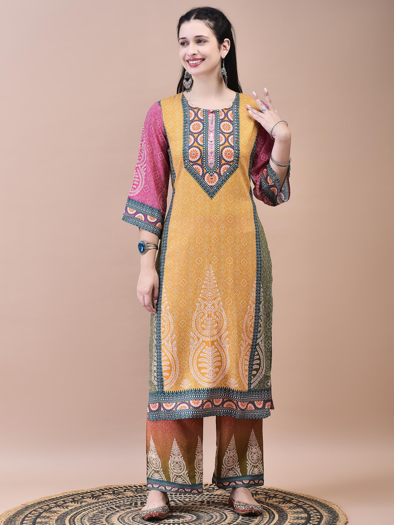 Women Liva Multicolor Ornamental Print Kurta Comfort Pant Chanderi Dupatta.