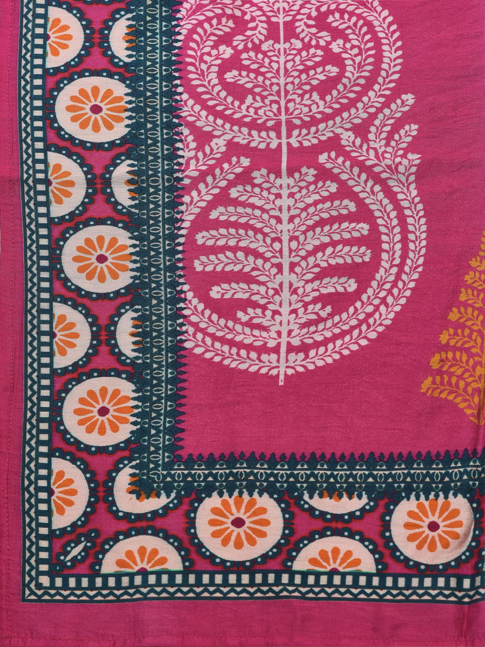 Women Liva Multicolor Ornamental Print Kurta Comfort Pant Chanderi Dupatta.