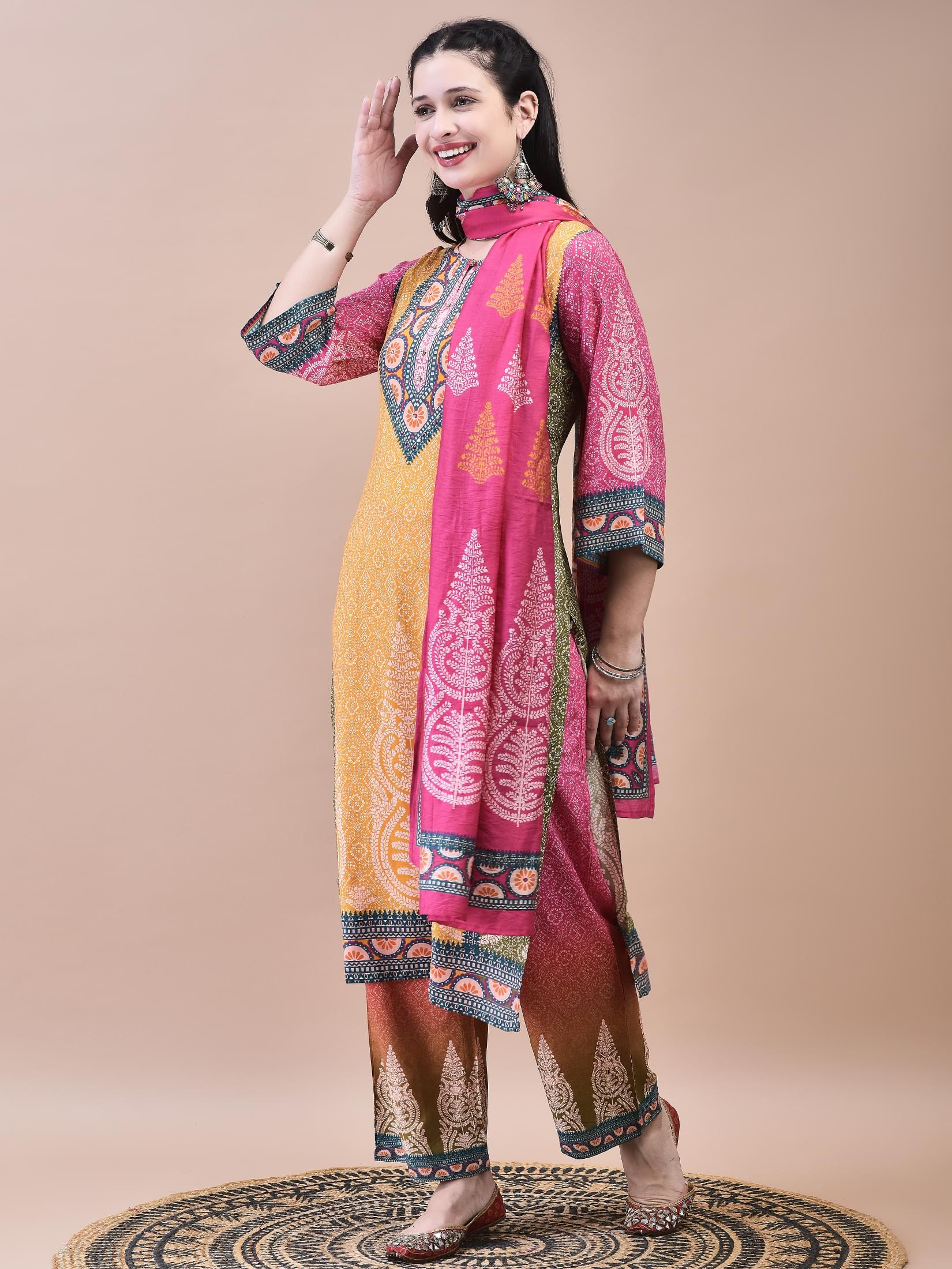 Women Liva Multicolor Ornamental Print Kurta Comfort Pant Chanderi Dupatta.
