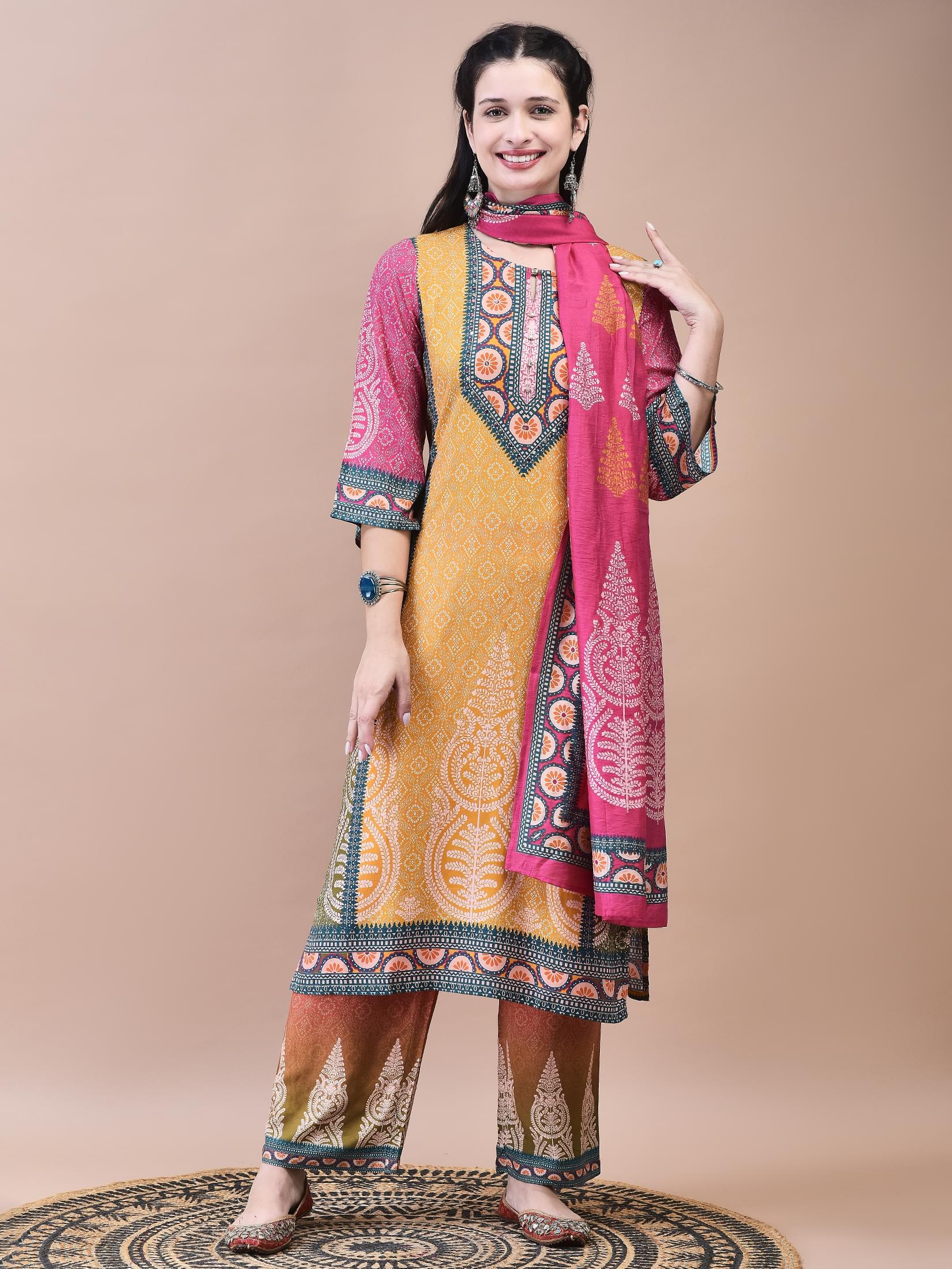 Women Liva Multicolor Ornamental Print Kurta Comfort Pant Chanderi Dupatta.