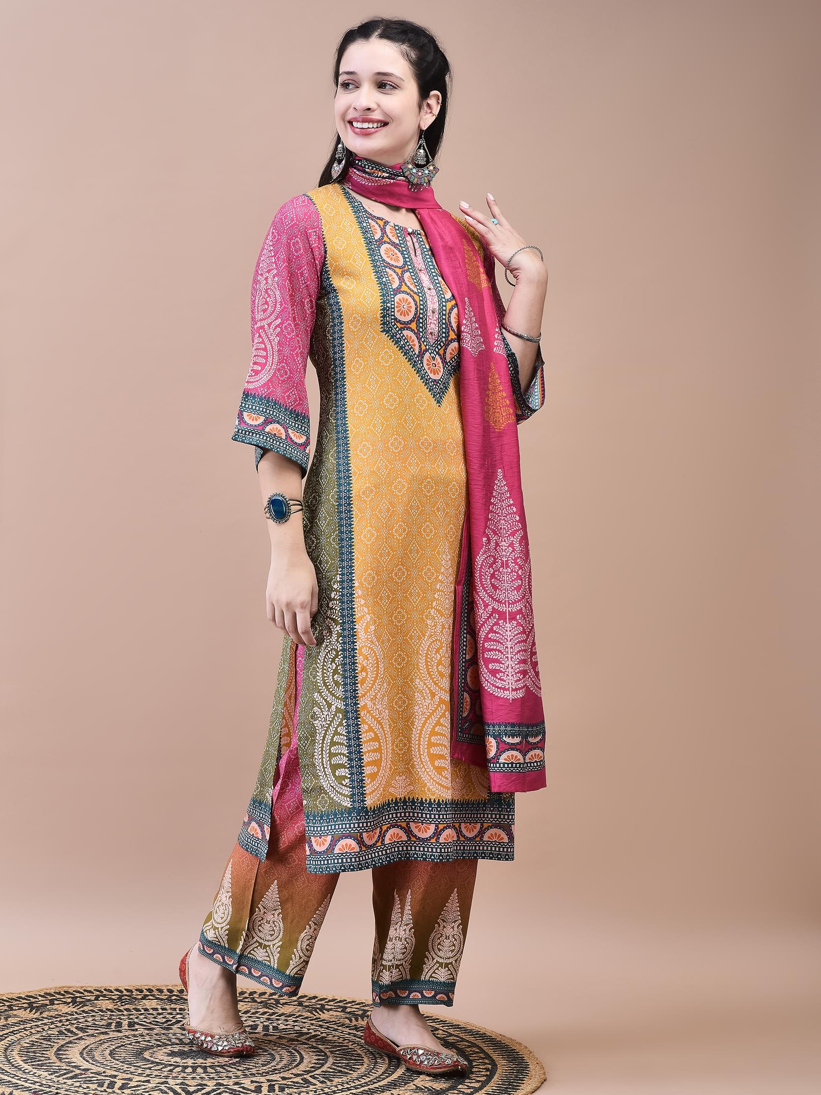 Women Liva Multicolor Ornamental Print Kurta Comfort Pant Chanderi Dupatta.