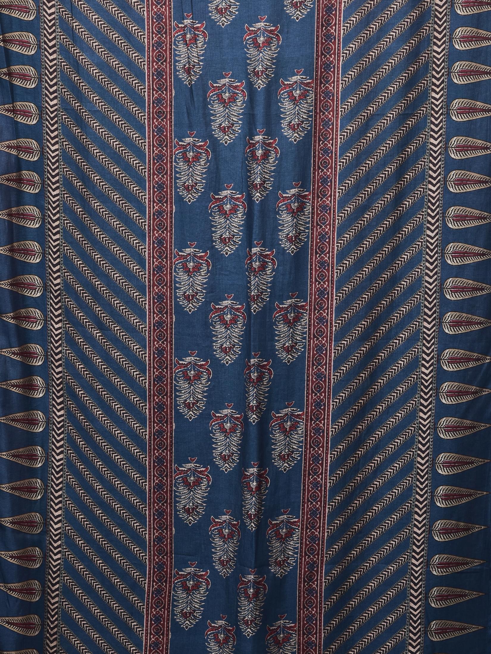 Women Muslin Indigo Ajrakh Print Kurta Comfort Pant Chanderi Dupatta.