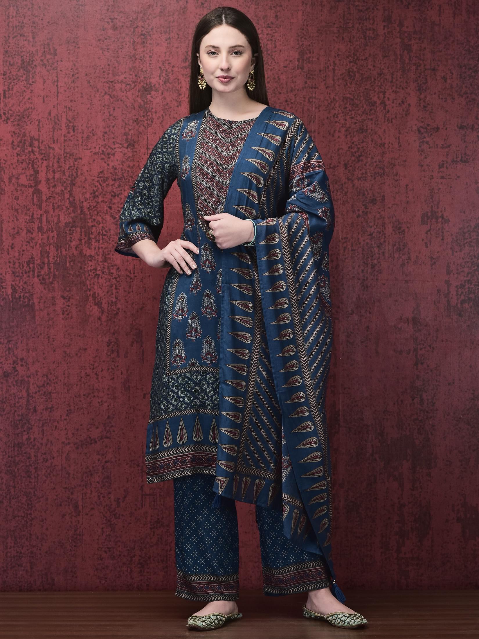 Classic indigo blue traditional Ajrakh motif print muslin silk Chanderi dupatta suit