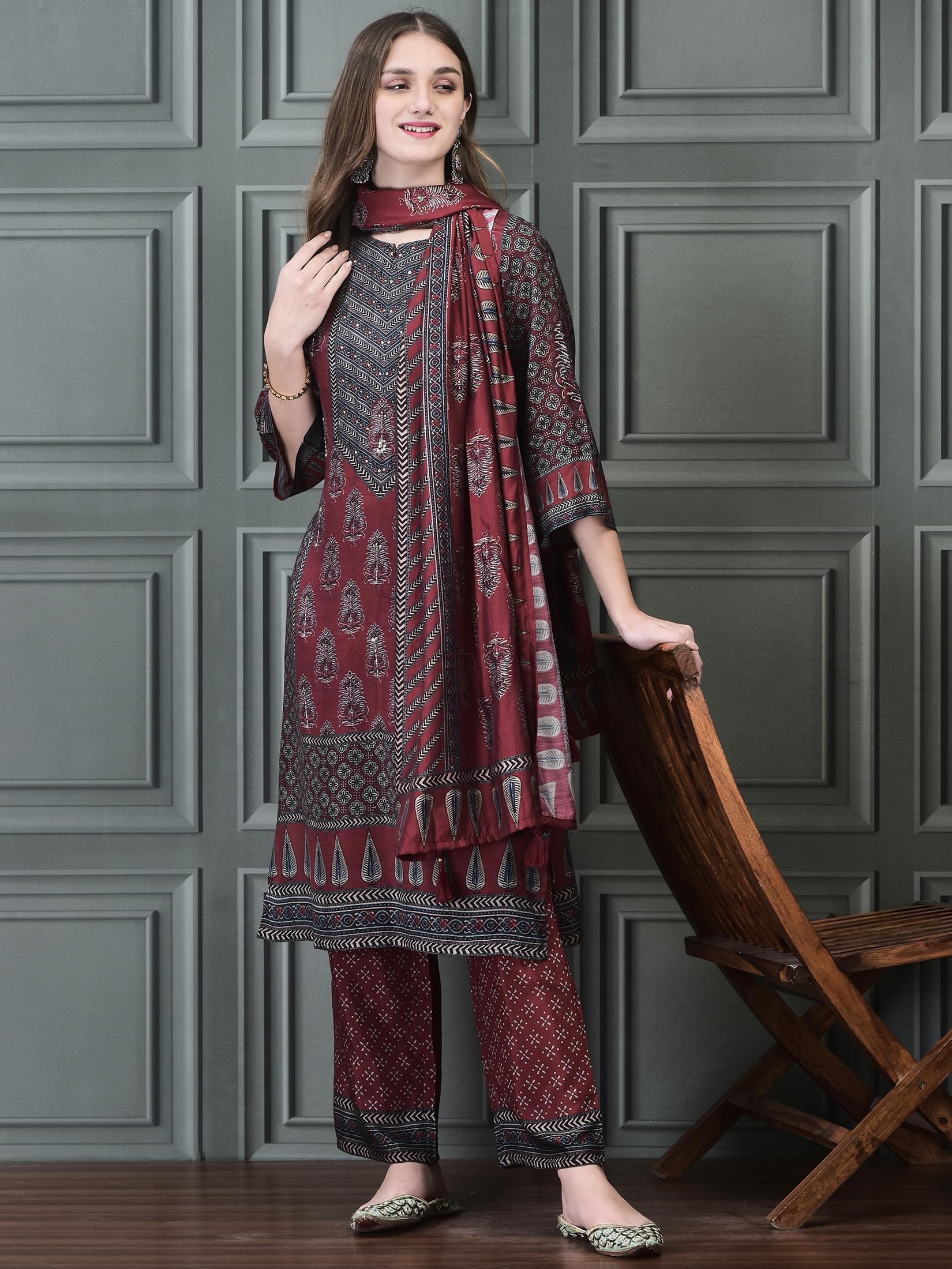 Deep maroon heritage Ajrakh block print muslin silk kurta with Chanderi dupatta