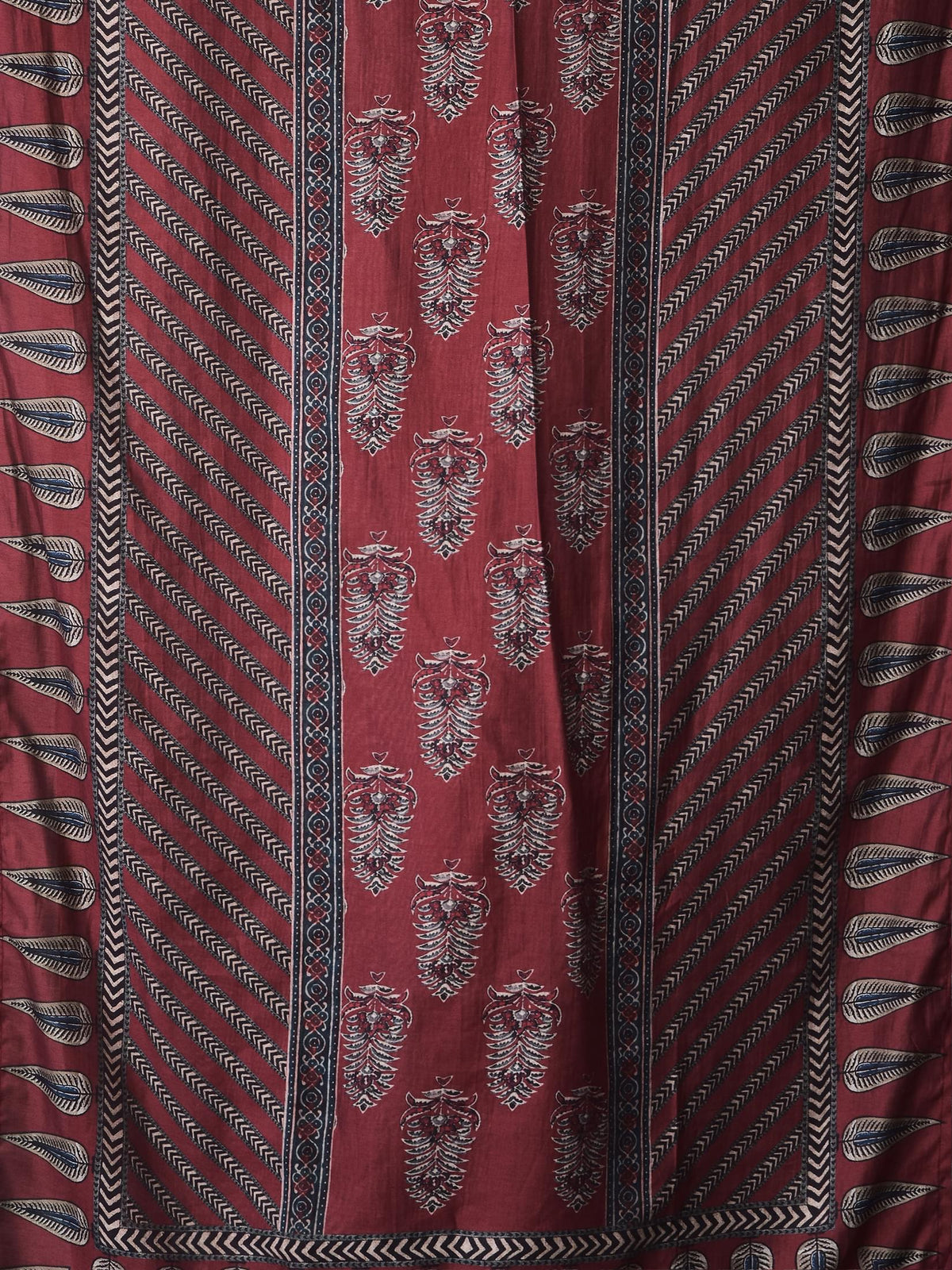 Women Muslin Maroon Ajrakh Print Kurta Comfort Pant Chanderi Dupatta.