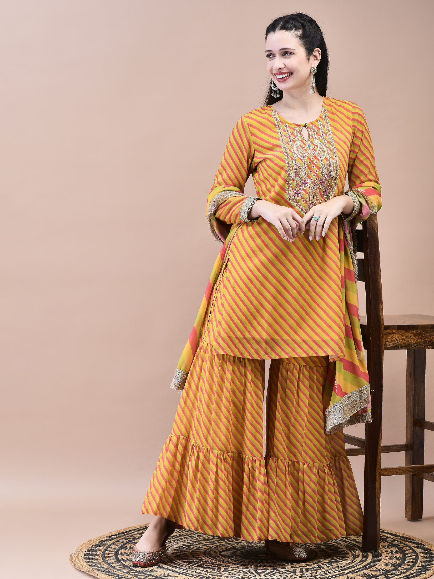 Women Georgette Mustard Embroidered Kurta Sharara Dupatta