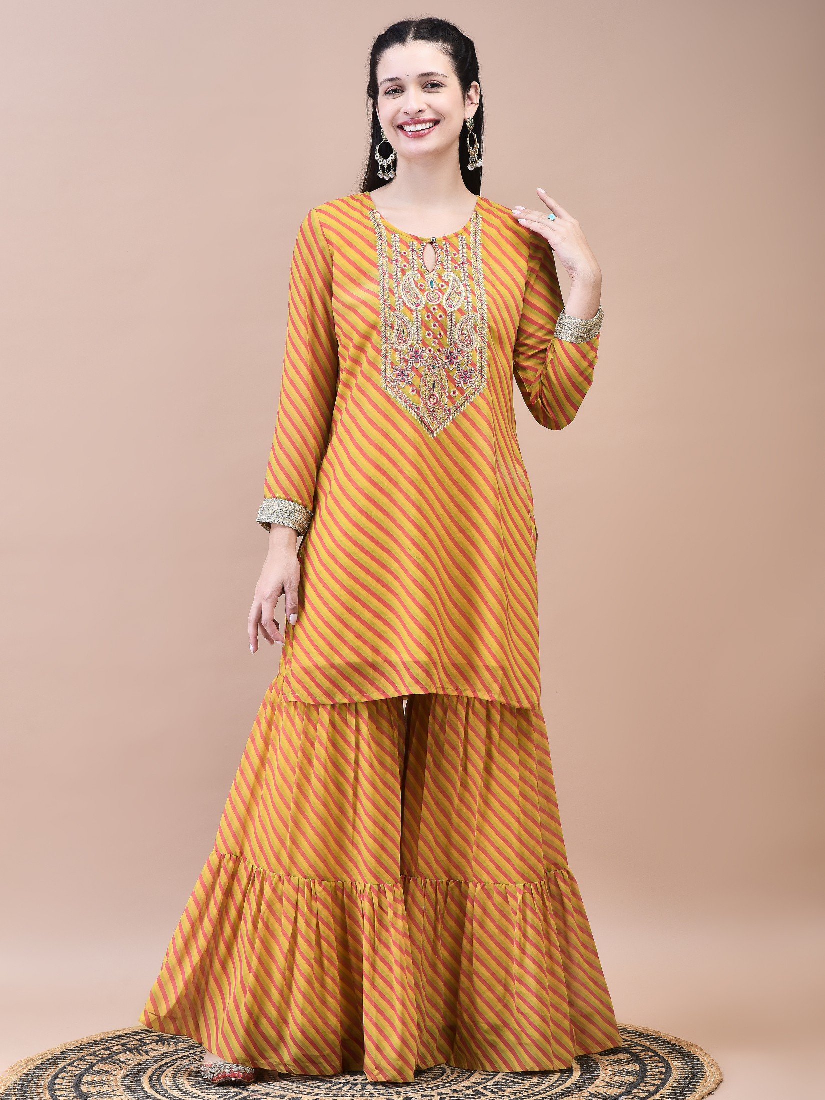Women Georgette Mustard Embroidered Kurta Sharara Dupatta