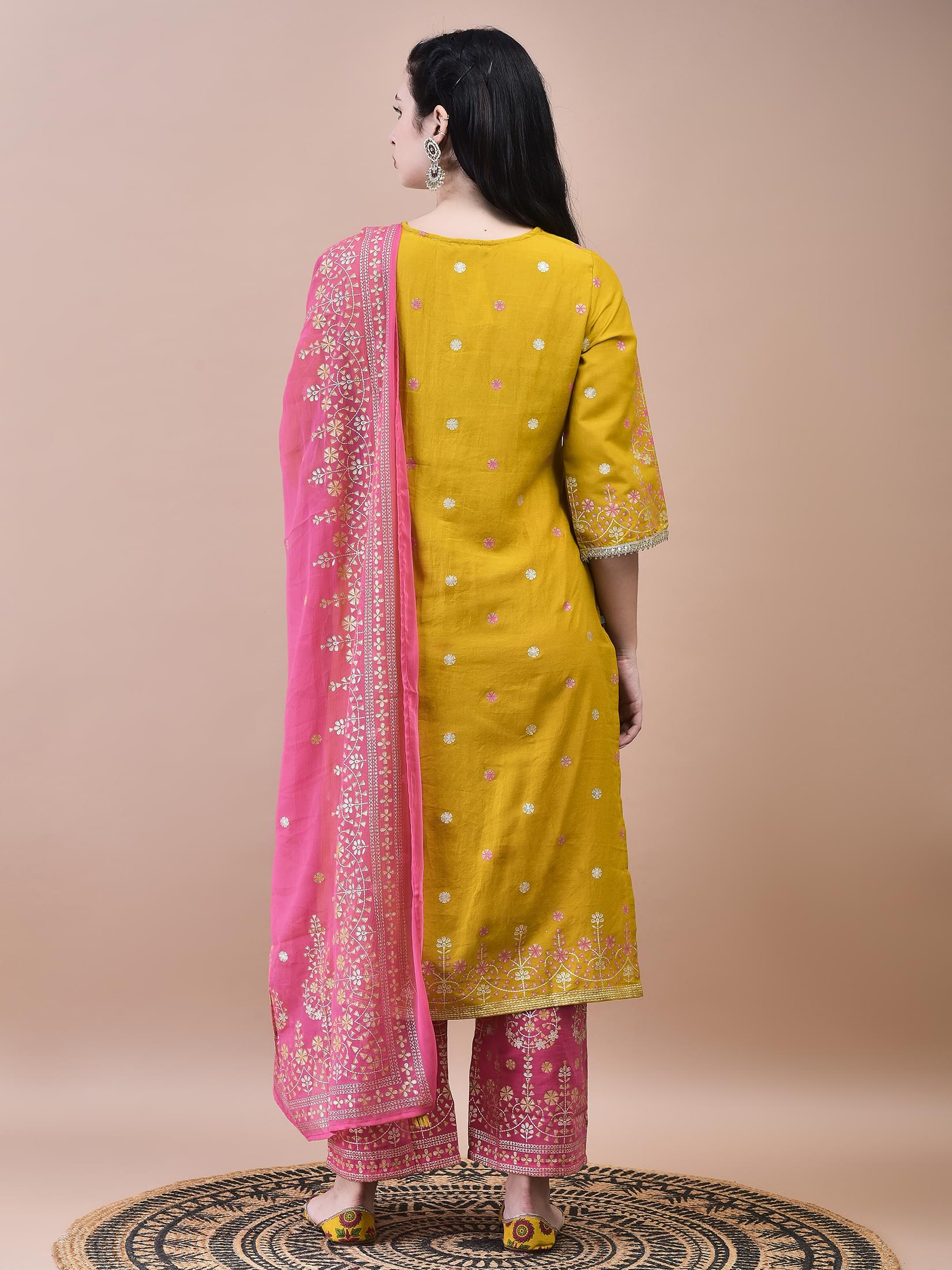 Women Samaira Mustard Ornamental Print Kurta Comfort Pant Dupatta.