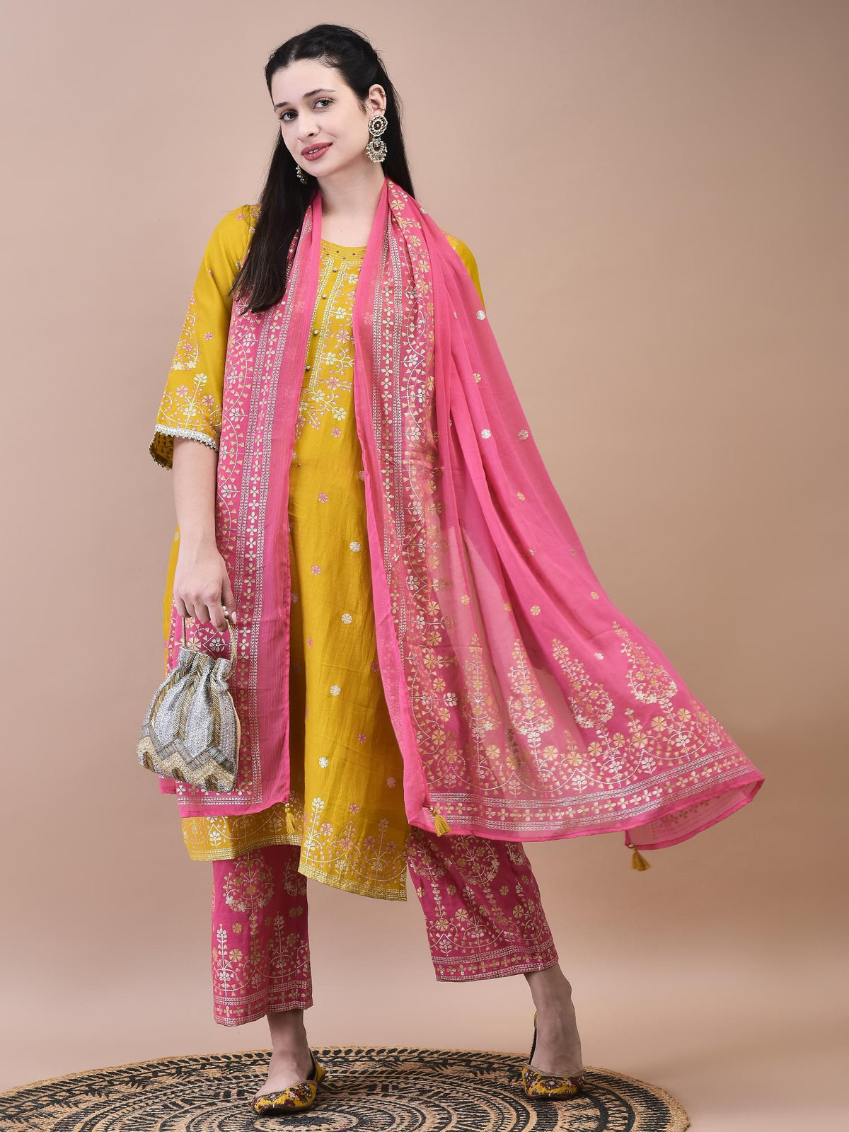Women Samaira Mustard Ornamental Print Kurta Comfort Pant Dupatta.