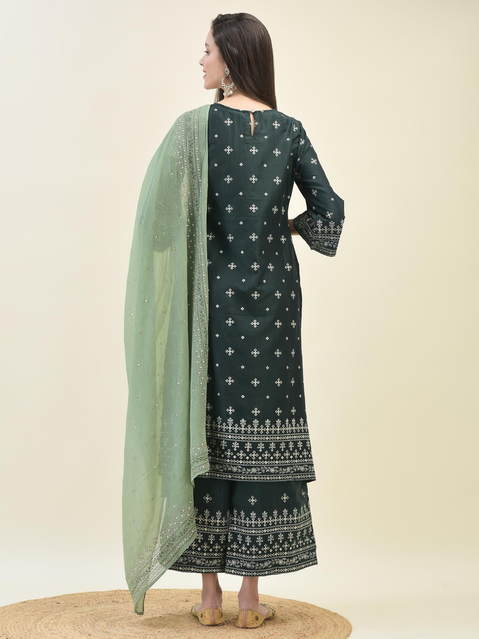 Women Silk Green Ornamental Print Kurta Wide Leg Pant Dupatta.