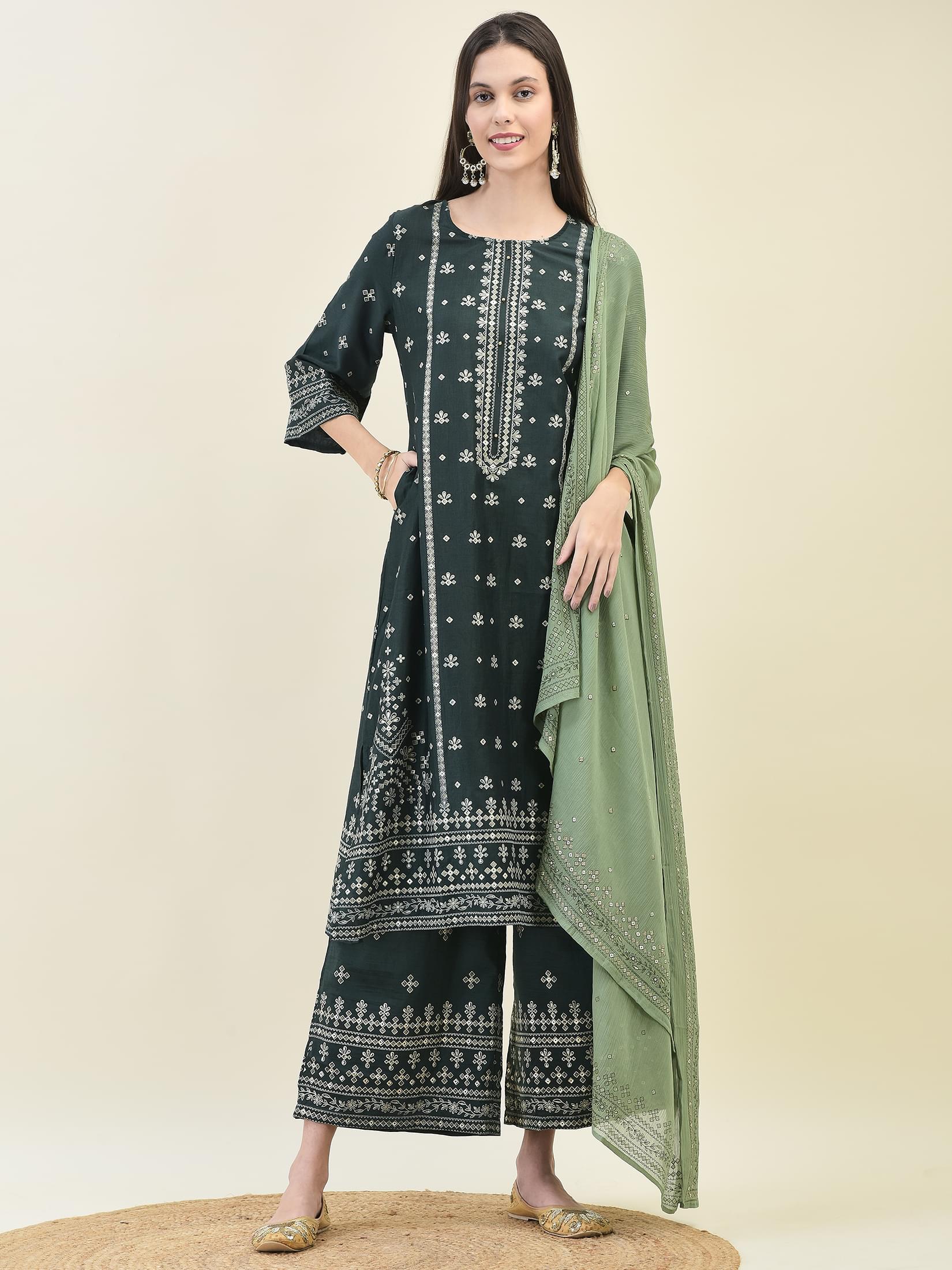 Women Silk Green Ornamental Print Kurta Wide Leg Pant Dupatta.