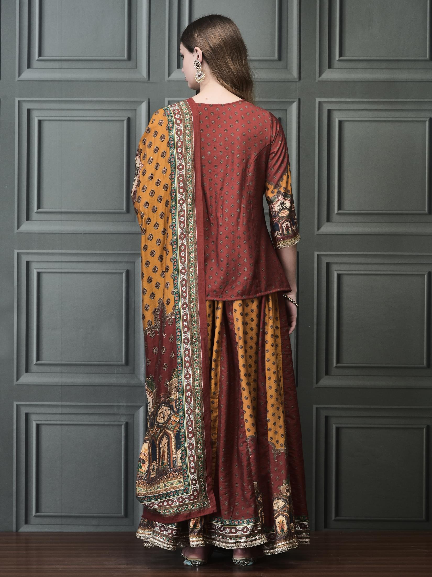 Women Chanderi Rust Kurta Skirt Dupatta.