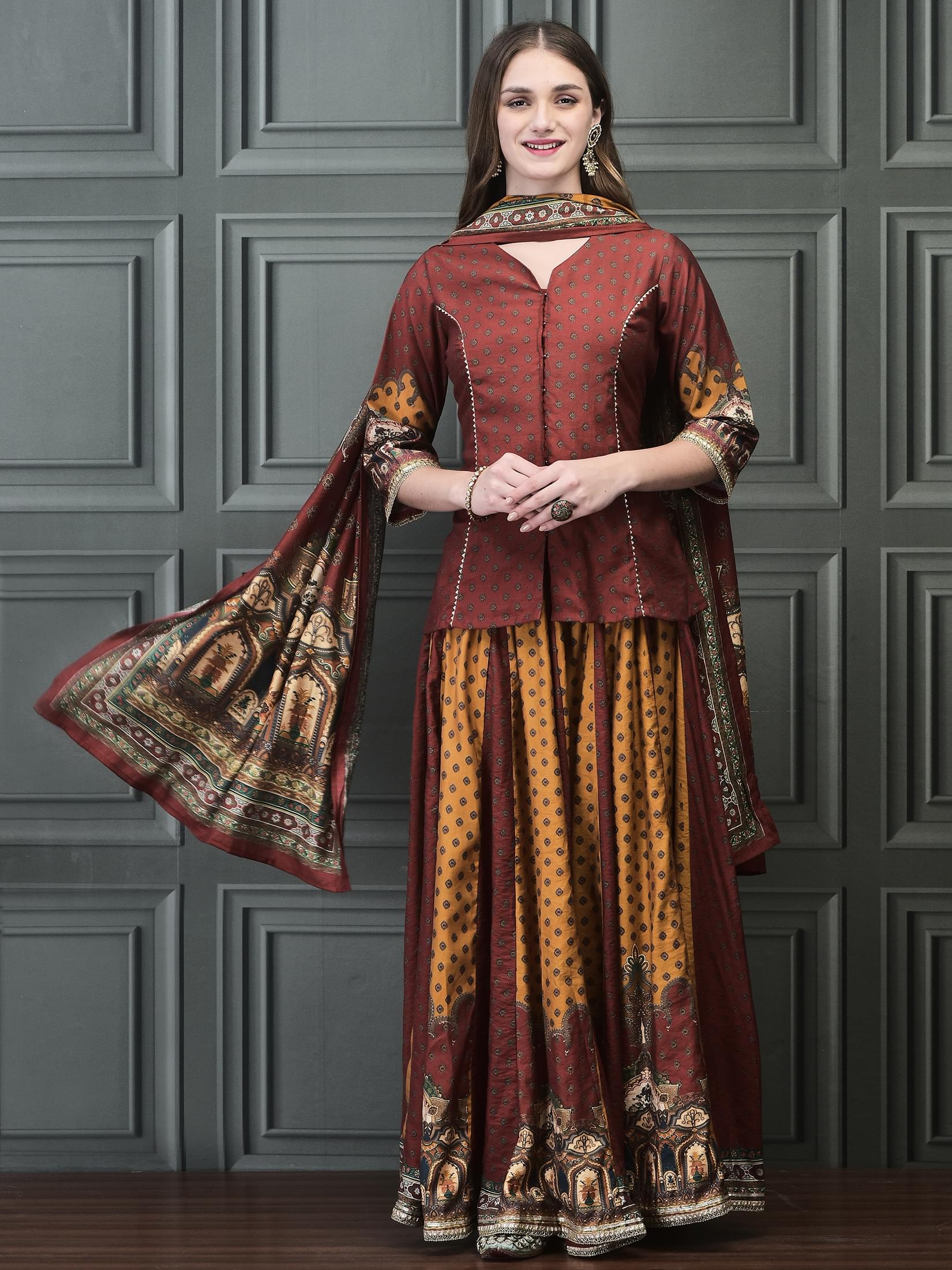 Women Chanderi Rust Kurta Skirt Dupatta.