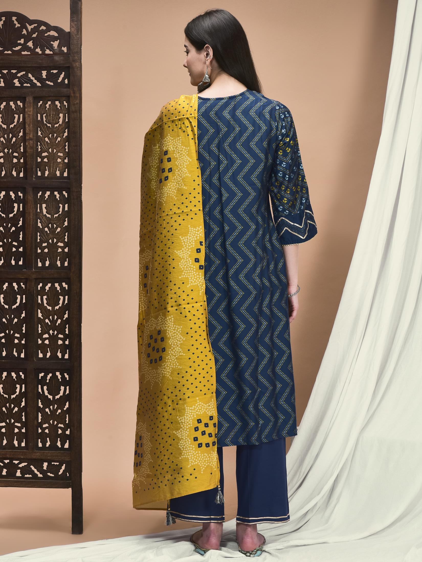 Women Liva Navy Blue Geometric Print Kurta Comfort Pant Dupatta.