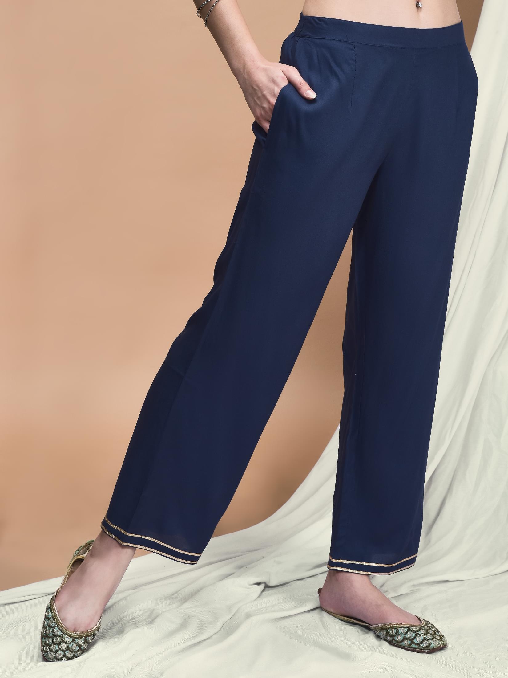 Women Liva Navy Blue Geometric Print Kurta Comfort Pant Dupatta.