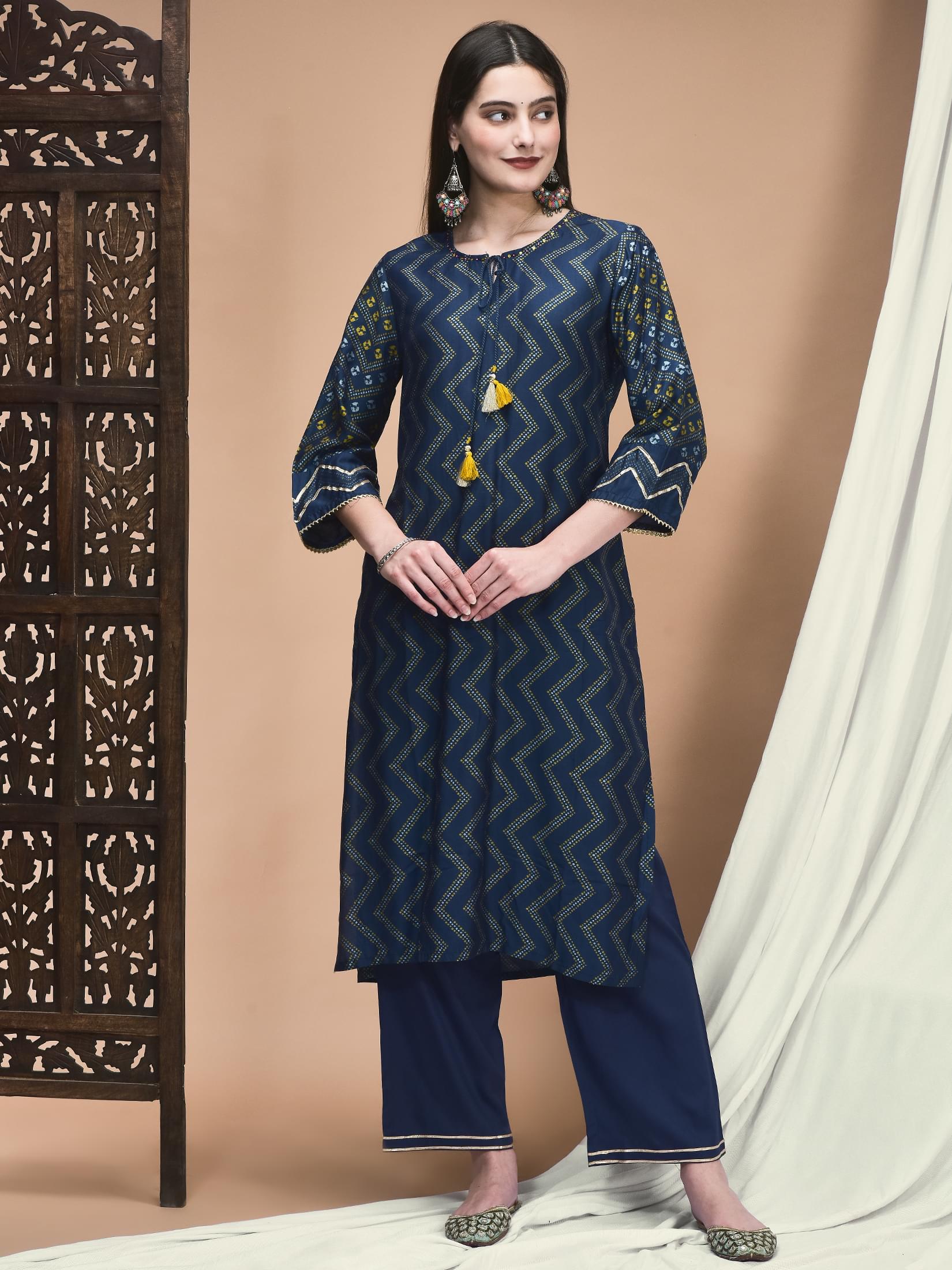Women Liva Navy Blue Geometric Print Kurta Comfort Pant Dupatta.