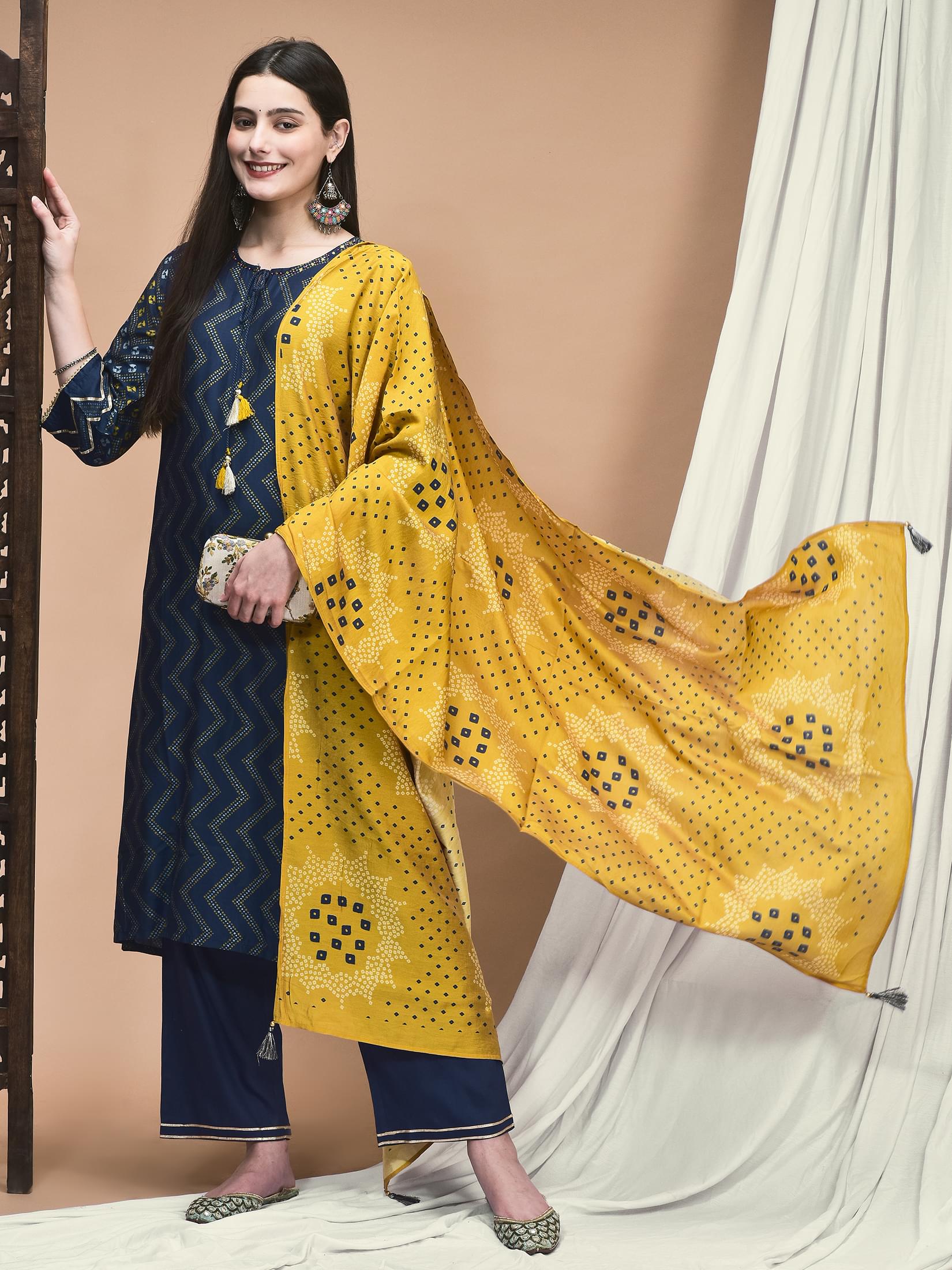Deep navy blue block geometric print Liva fabric straight line trouser suit