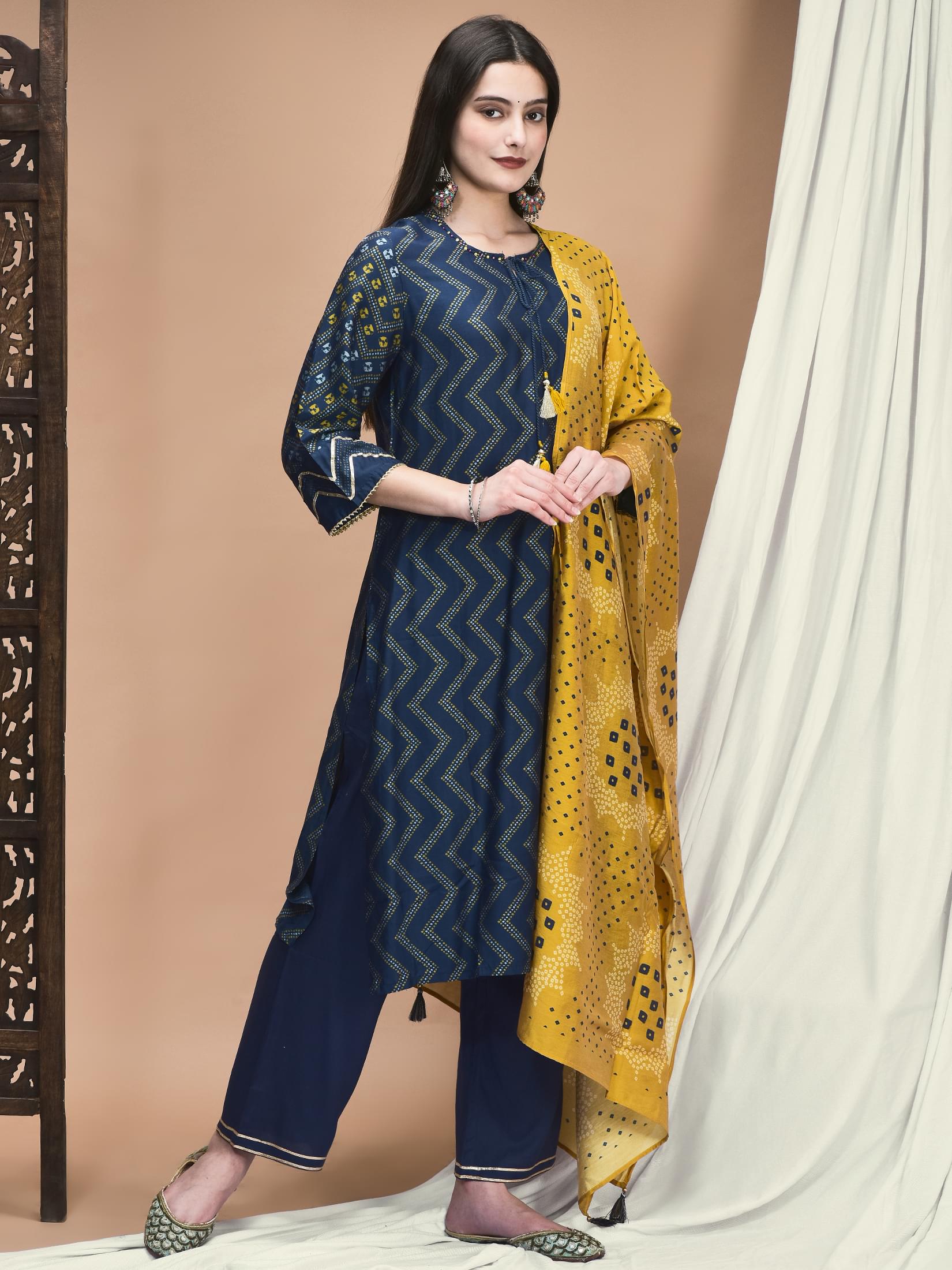 Women Liva Navy Blue Geometric Print Kurta Comfort Pant Dupatta.