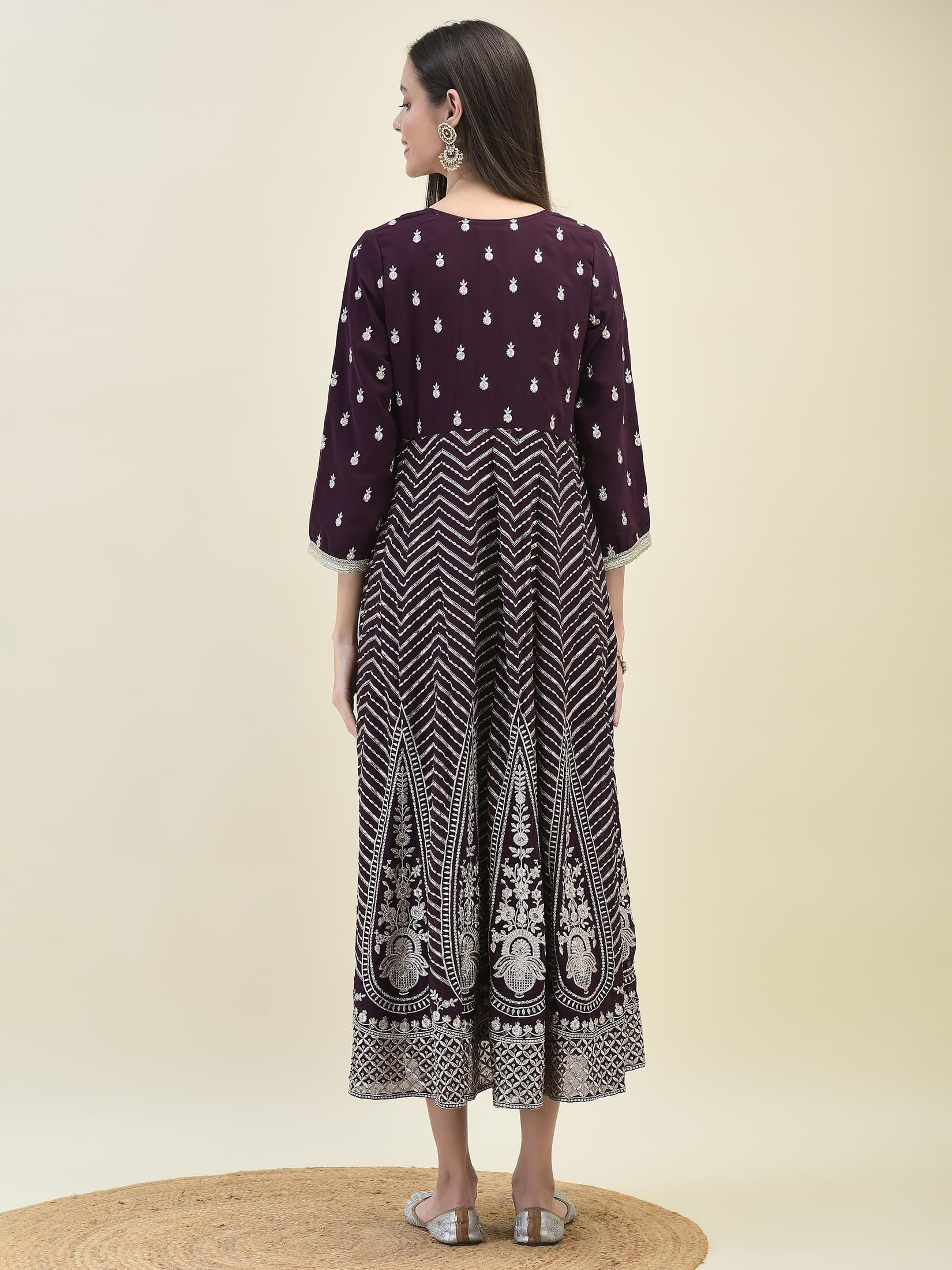 Women Georgette Purple Embroidered Dress.