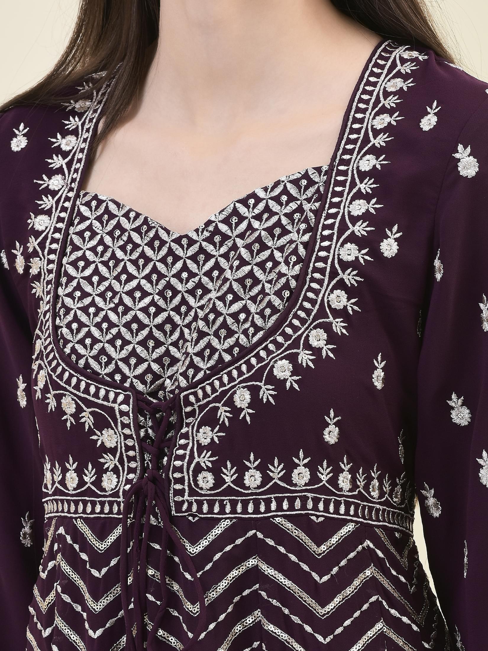 Women Georgette Purple Embroidered Dress.