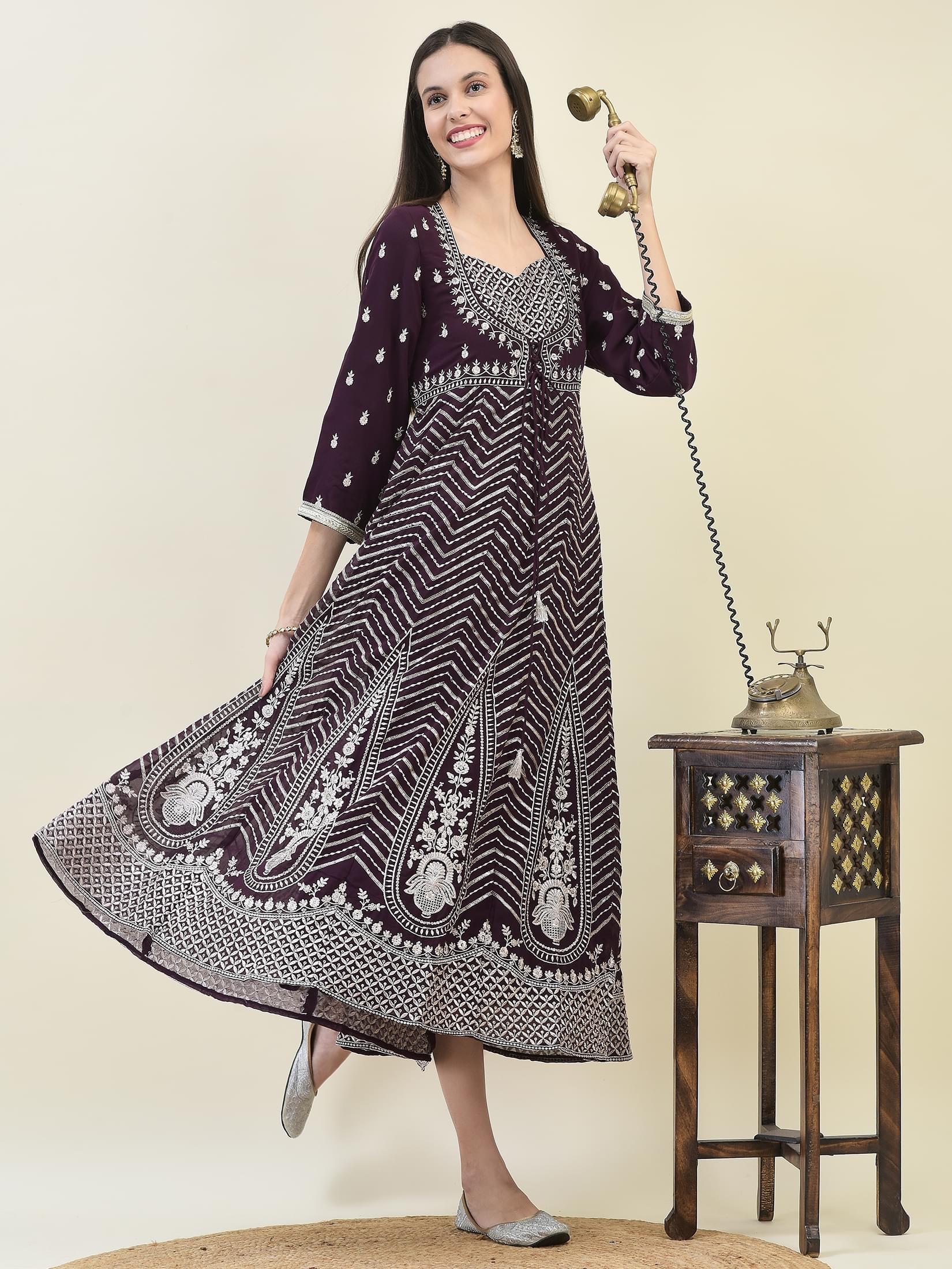 Women Georgette Purple Embroidered Dress.