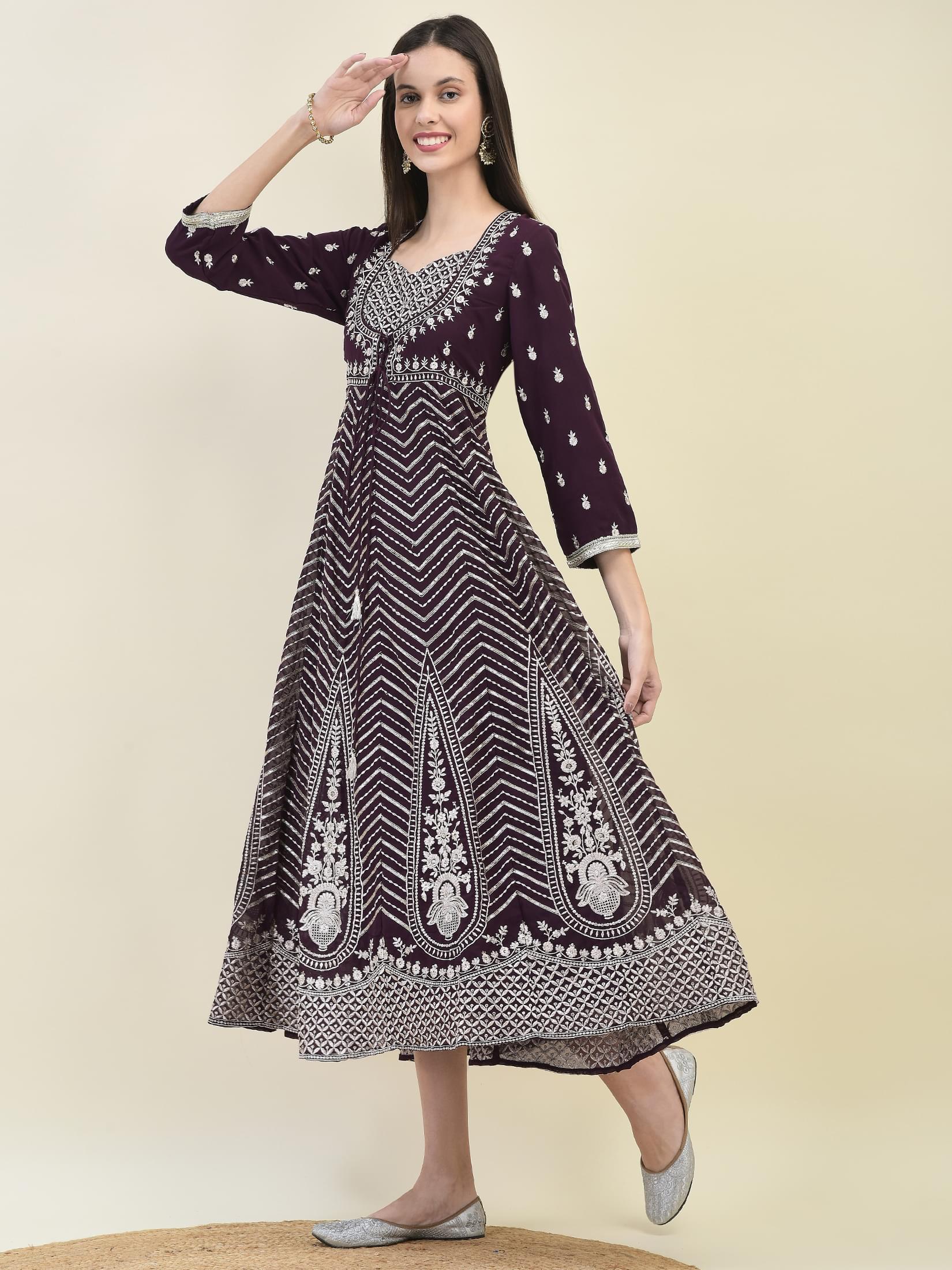 Women Georgette Purple Embroidered Dress.