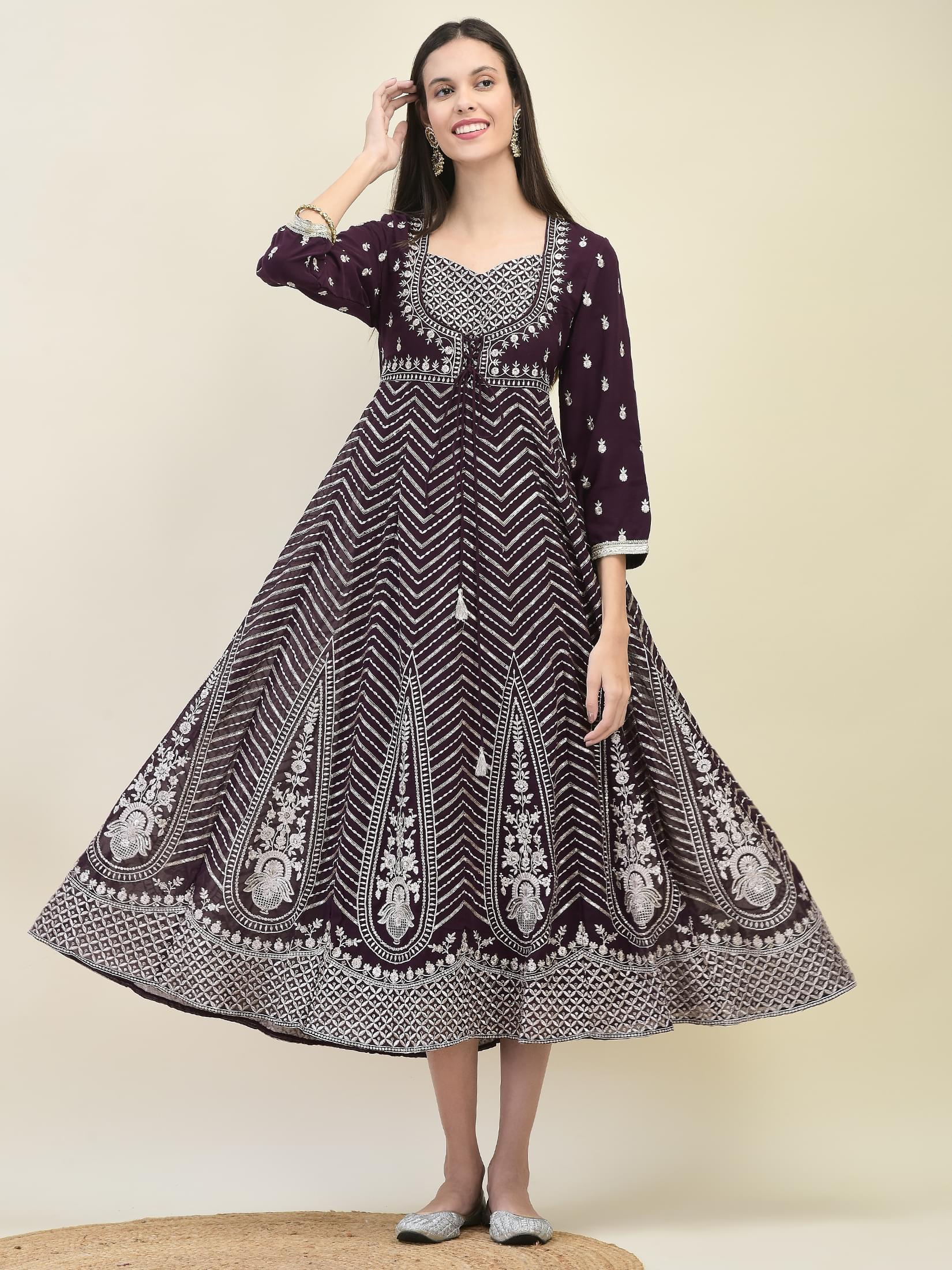 Women Georgette Purple Embroidered Dress.