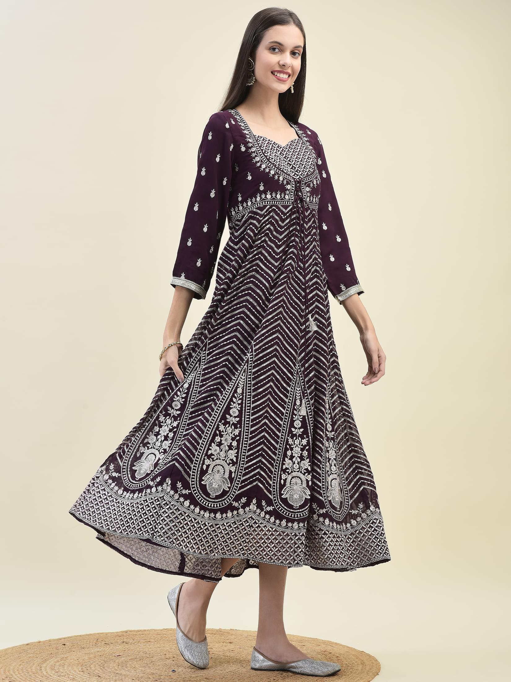 Women Georgette Purple Embroidered Dress.