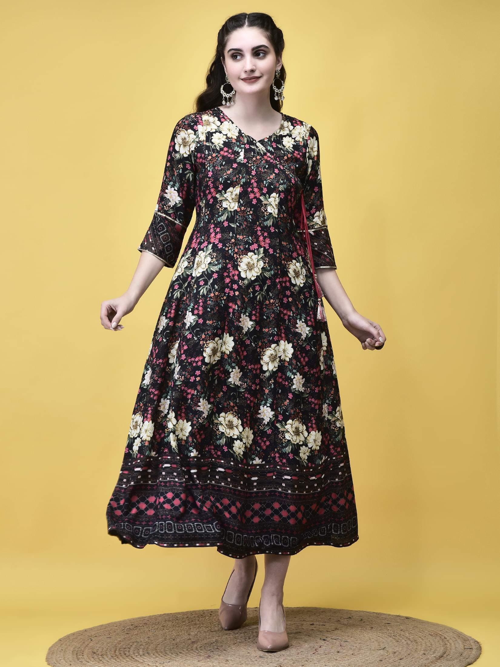 Classic black block floral print Liva fabric comfortable regular fit midi dress